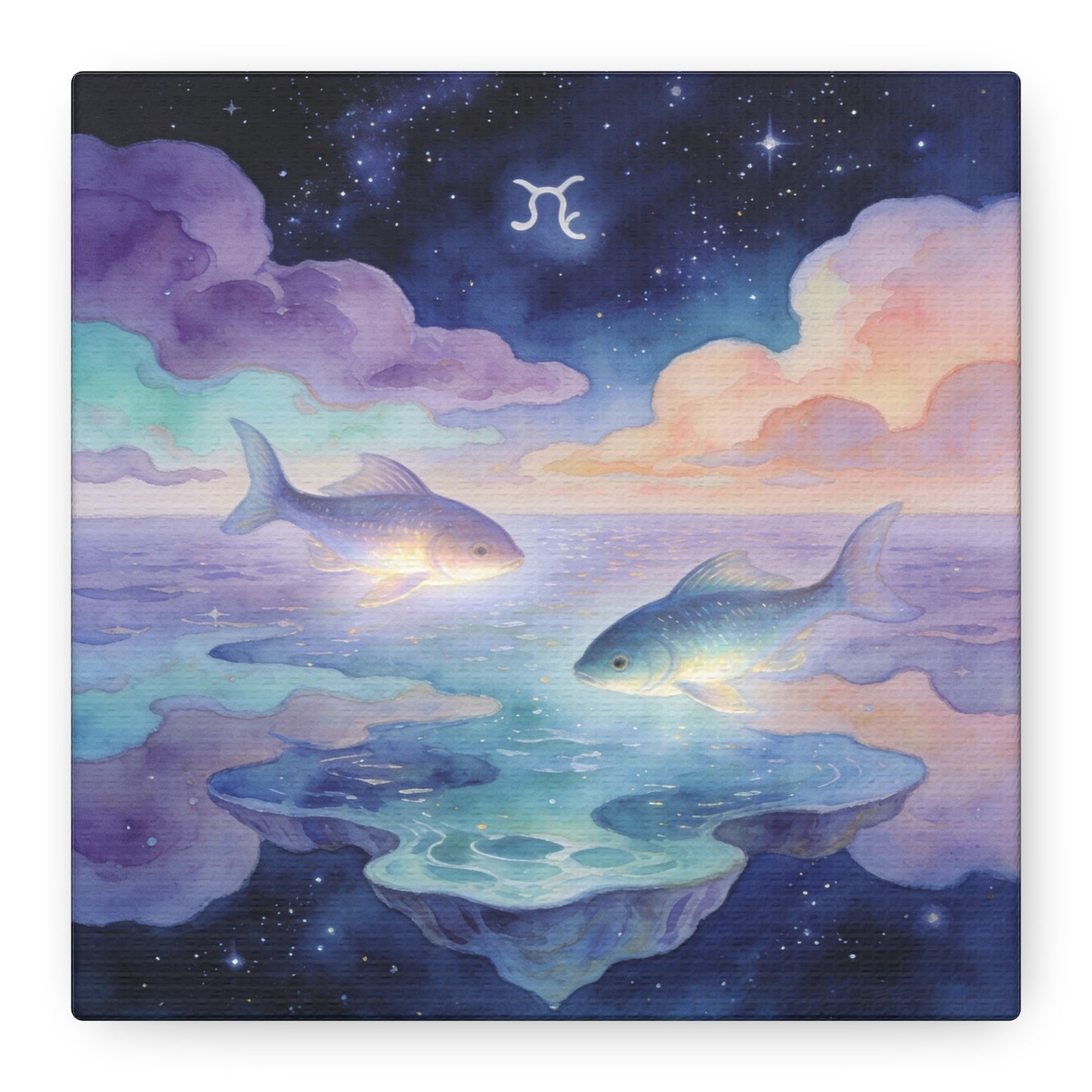 Pisces Zodiac Canvas Wall Art - Celestial Fish Over Dreamlike Sea, Watercolor Illustration - Mystical Night Sky, Matte Canvas Print - Bedroom Wall Decor, Meditation Space Accent - Ready to Hang