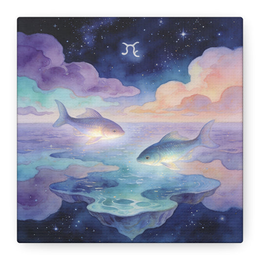 Pisces Zodiac Canvas Wall Art - Celestial Fish Over Dreamlike Sea, Watercolor Illustration - Mystical Night Sky, Matte Canvas Print - Bedroom Wall Decor, Meditation Space Accent - Ready to Hang