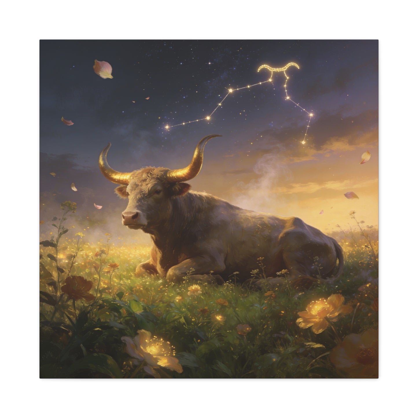 Taurus Zodiac Bull Canvas Wall Art - Celestial Constellation Night Meadow, Golden Horns, Dreamy Illustration - Matte Cotton Print - Bedroom Home Decoration, Office Wall Decor - Bedroom Home Decoration