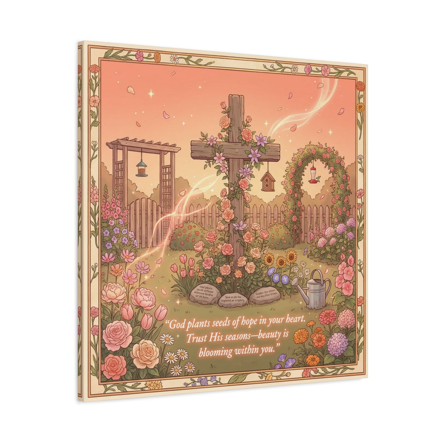 "God Plants Seeds Of Hope In Your Heart" Christian Canvas Wall Art - Floral Cross Garden Scripture Print, Matte Cotton Decor - Inspirational Bedroom Home Decoration, Living Room Accent - Ready to Hang