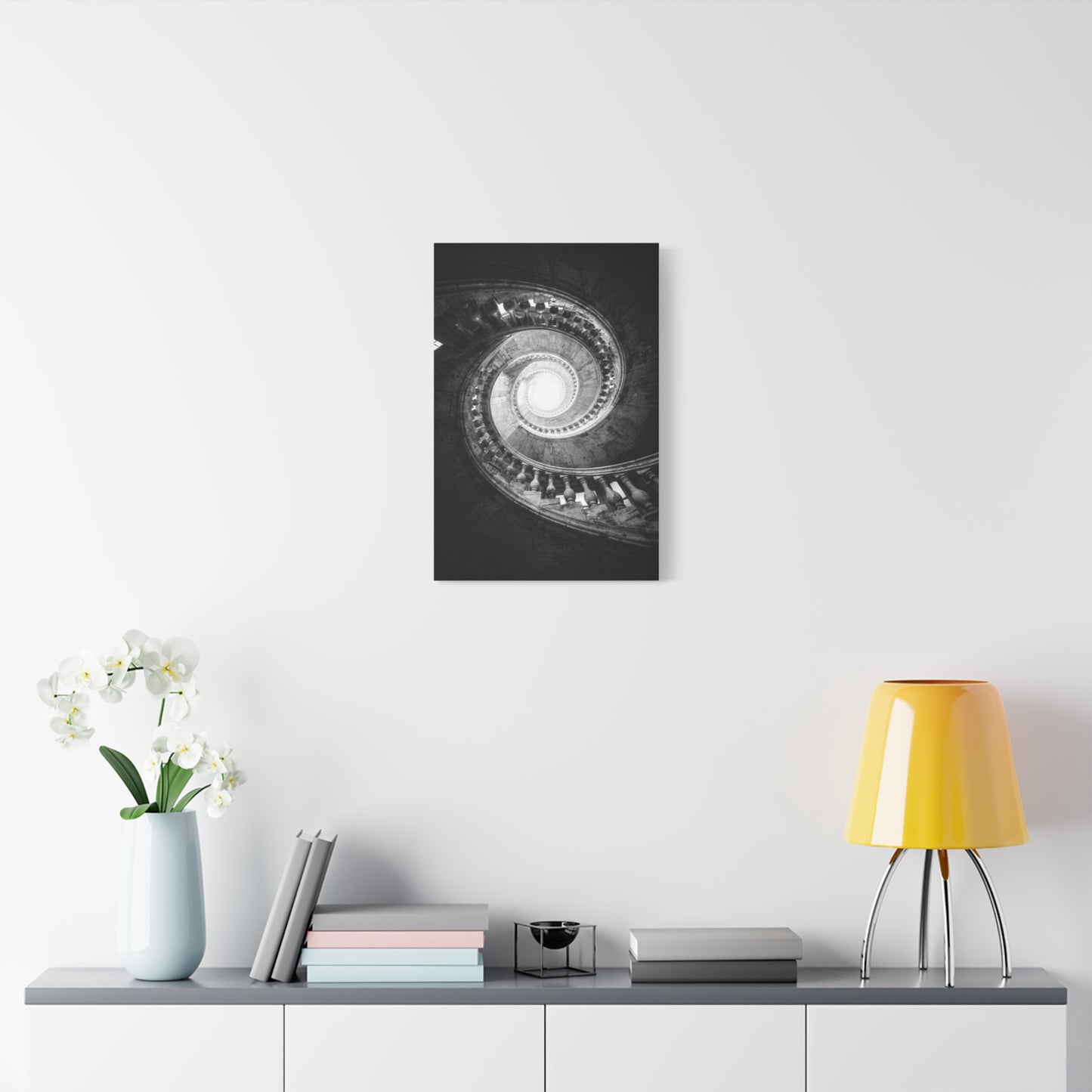 Spiral Staircase Canvas Wall Art - Black And White Architectural Art Print - Dramatic Stone Rotunda, Contemporary Interior Decor - Living Room Wall Decor, Office Art - Bedroom Home Decoration