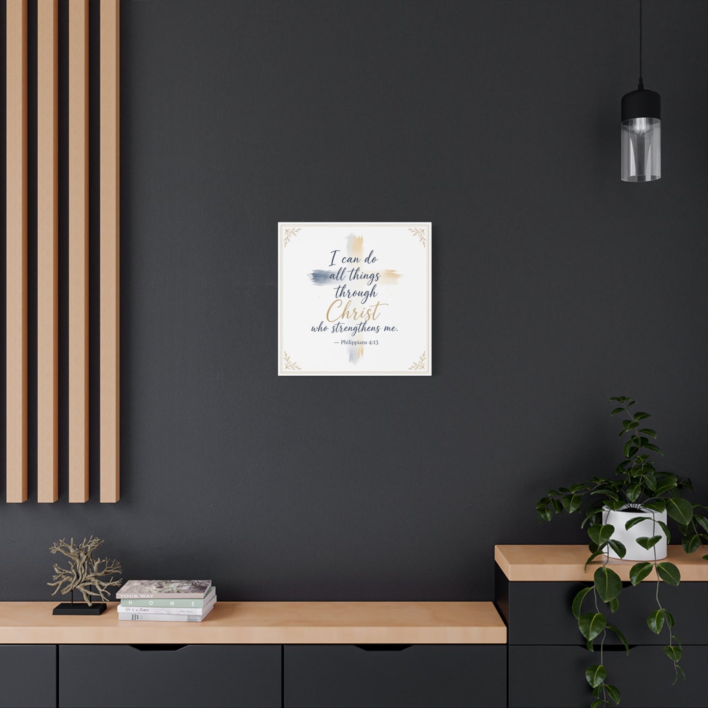 "I Can Do All Things Through Christ Who Strengthens Me. - Philippians 4:13" Christian Canvas Wall Art - Blue And Gold Scripture Quote Print - Traditional Typography - Bedroom Decor - Office Wall Art