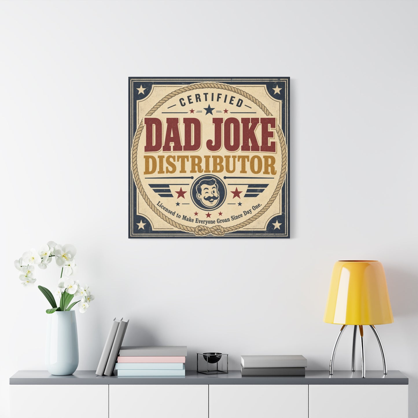 "Dad Joke Distributor" Funny Canvas Wall Art - Vintage Typography Humor Print, Retro Patriotic Stars And Mustache Illustration - Farmhouse Office Decor, Man Cave Wall Hanging - Bedroom Home Decoration