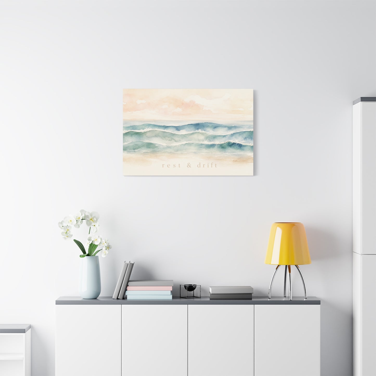 "Rest & Drift" Coastal Ocean Waves Canvas Wall Art - Watercolor Seascape Beach Decor - Serene Pastel Blue And Peach - Bedroom Home Decoration, Living Room Accent, Jellyfish Room Decor - Ready to Hang