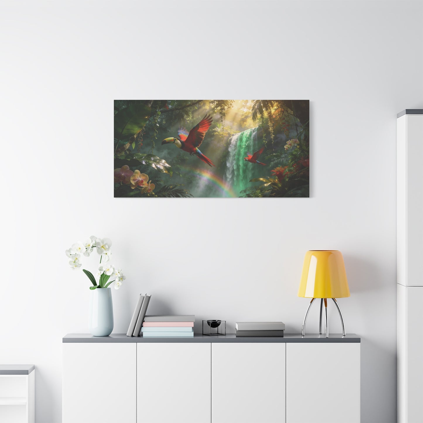 Scarlet Macaw Canvas Wall Art - Tropical Rainforest Waterfall Birds, Lush Jungle Scene, Matte Finish Canvas Print, Contemporary Nature Wall Decor For Living Room Bedroom Office - Cozy Reading Nook Art
