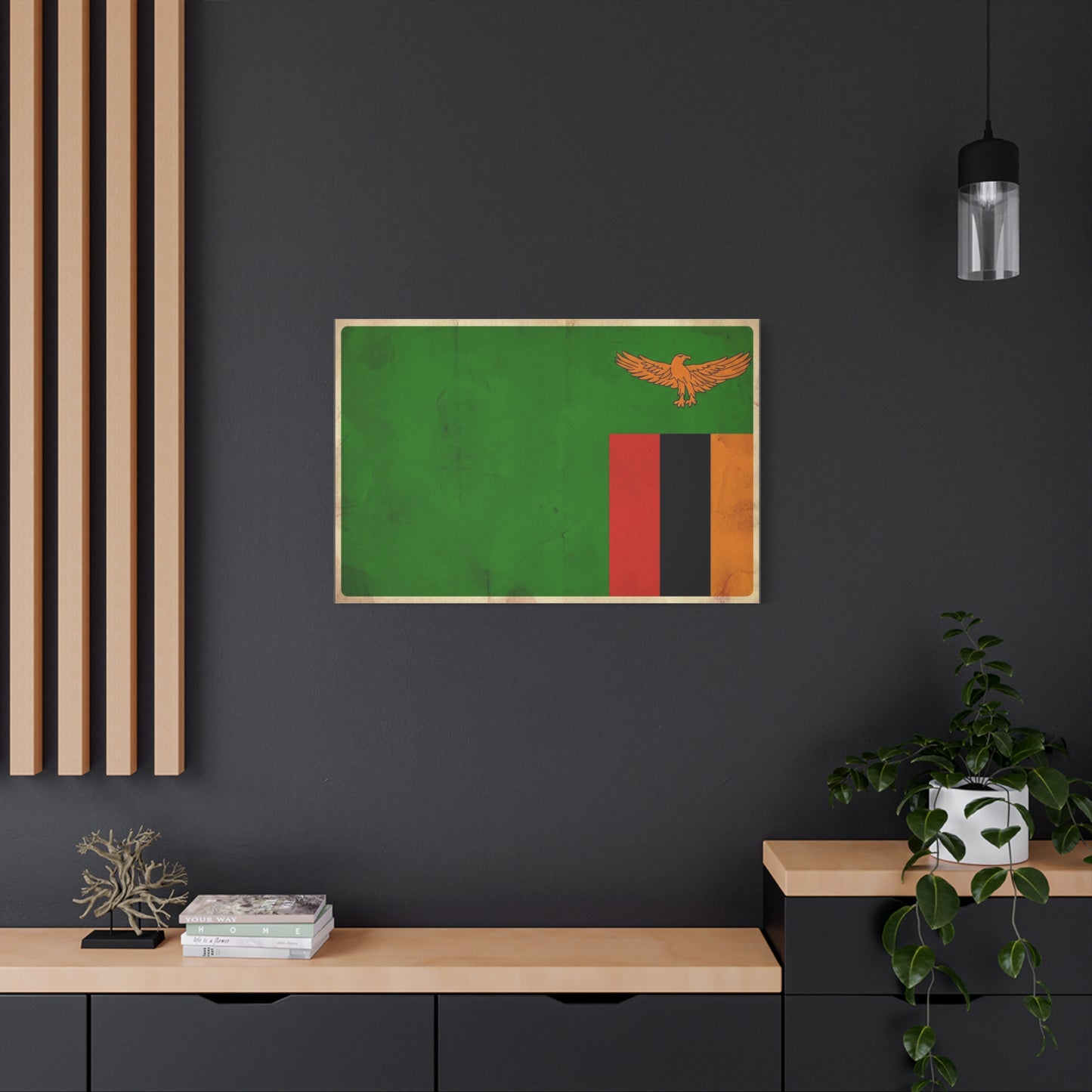 Zambia Flag Canvas Wall Art - Green Field, Orange Eagle, Red Black Gold Stripes - Vintage Patriotic Print - Living Room Wall Decor, Office Art - Bedroom Home Decoration - Bedroom Home Decoration