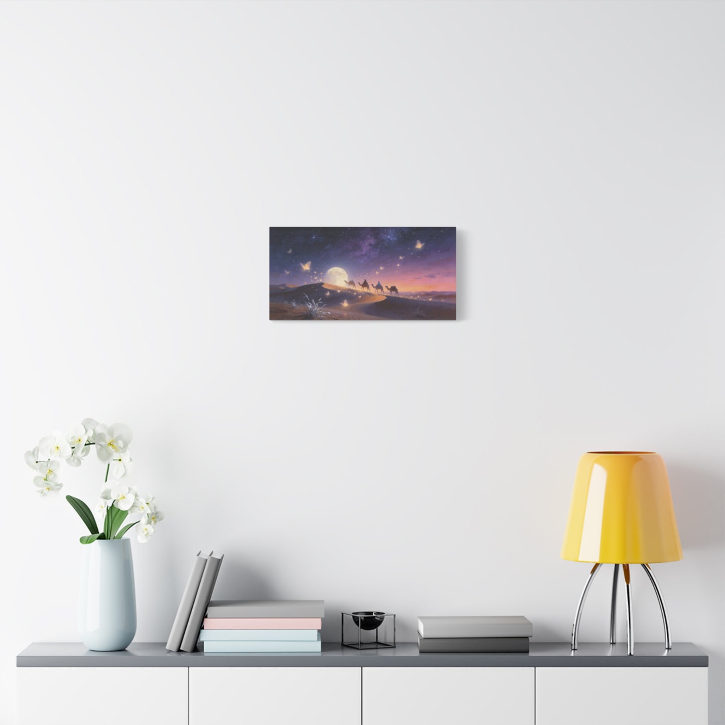 Moonlit Desert Camel Caravan Canvas Wall Art - Starry Night Butterflies, Dreamy Landscape Print - Ethereal Contemporary Style - Living Room Wall Decor, Bedroom Home Decoration - Modern Farmhouse Style