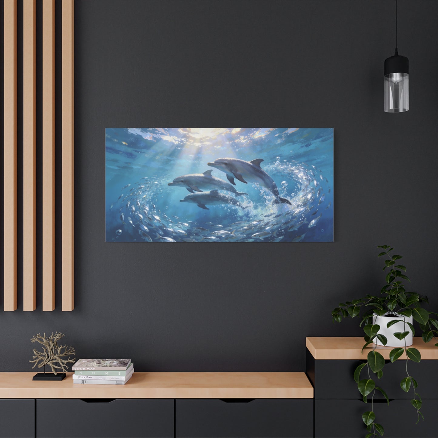 Dolphin Ocean Canvas Wall Art - Blue Underwater Marine Life Scene, Sunbeam Seascape Print - Coastal Style, Serene Living Room Wall Decor, Bedroom Home Decoration Accent - Bedroom Home Decoration