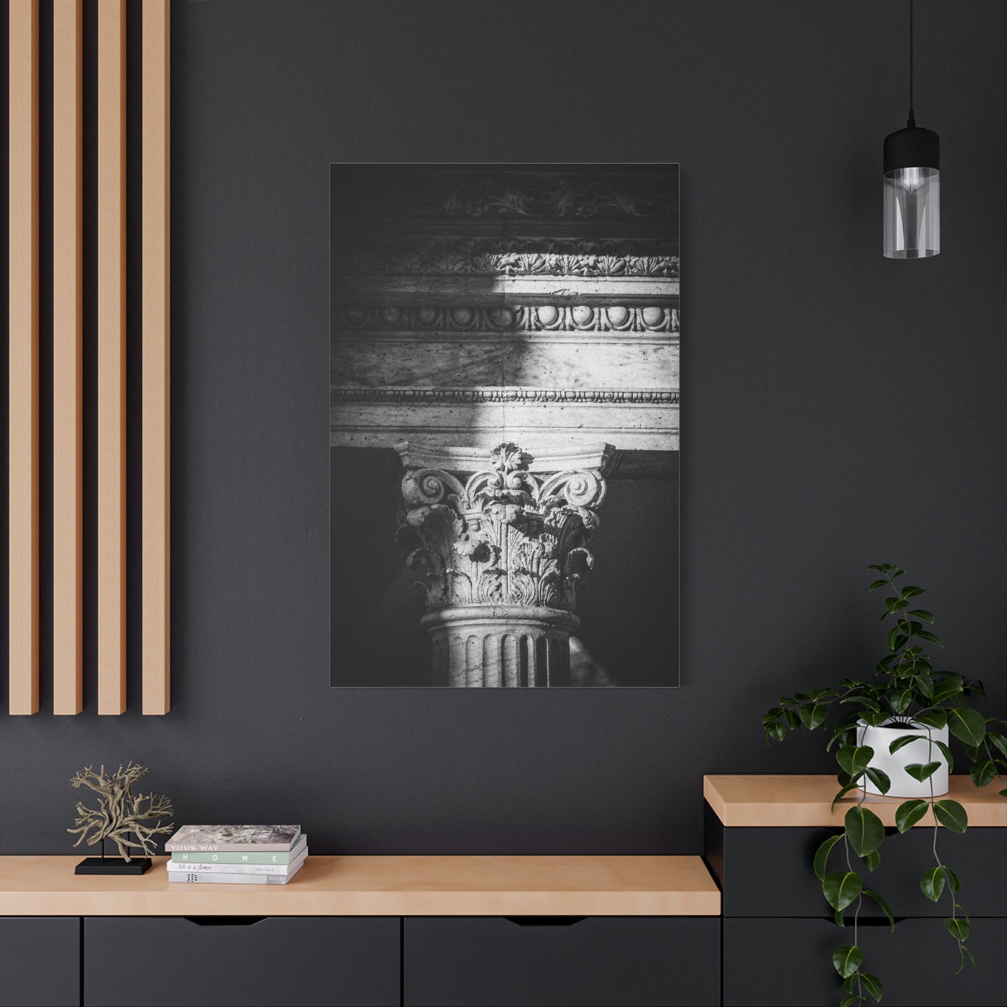 Black And White Corinthian Column Canvas Wall Art - Architectural Art Print, Dramatic Light And Shadow, Matte Cotton Decor - Minimalist Living Room Wall Decor, Office Art - Ready to Hang