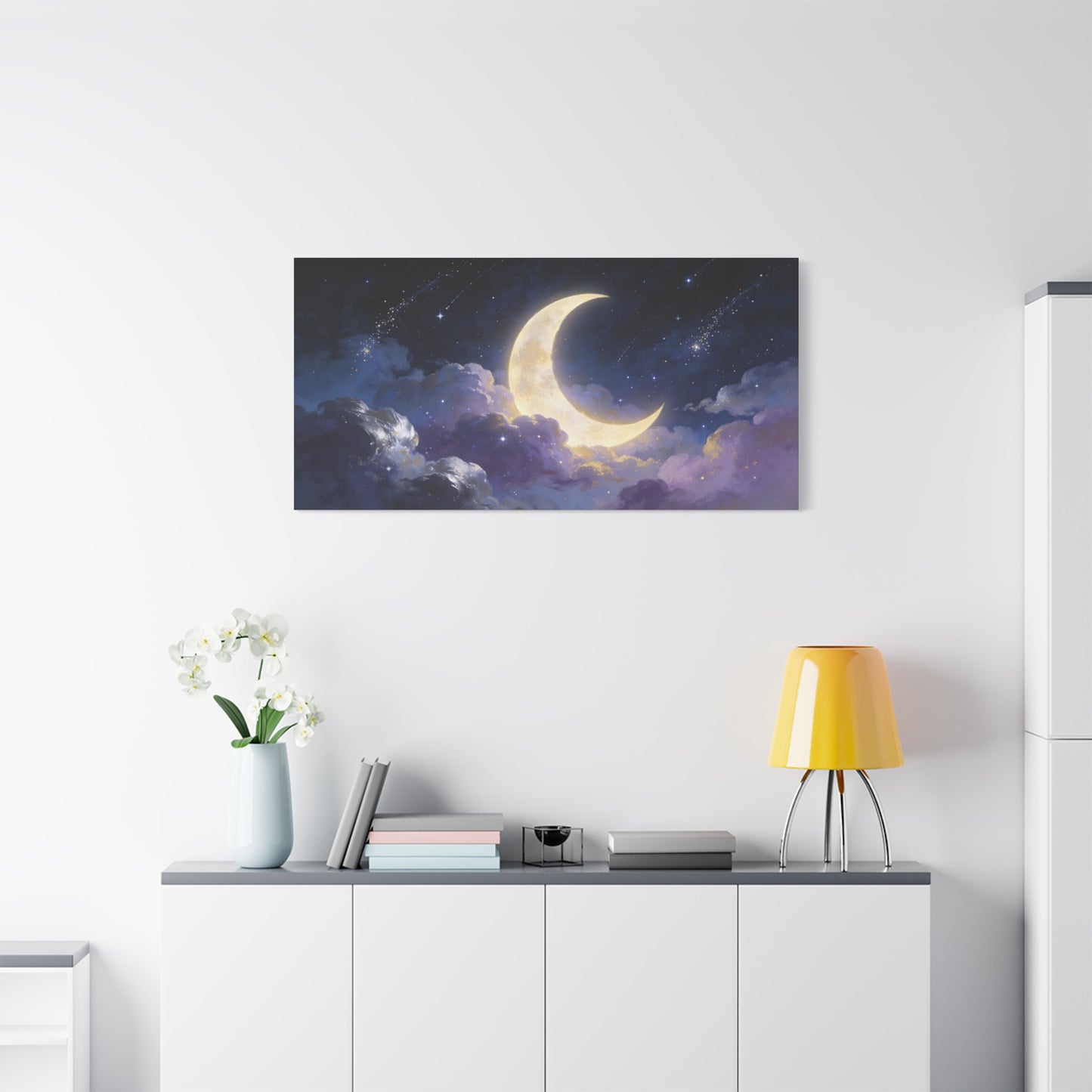 Crescent Moon Canvas Wall Art - Dreamy Night Sky Clouds, Celestial Starry Canvas Print - Contemporary Blue Gold Fantasy Decor - Bedroom Wall Decor, Living Room Home Accent - Bedroom Home Decoration