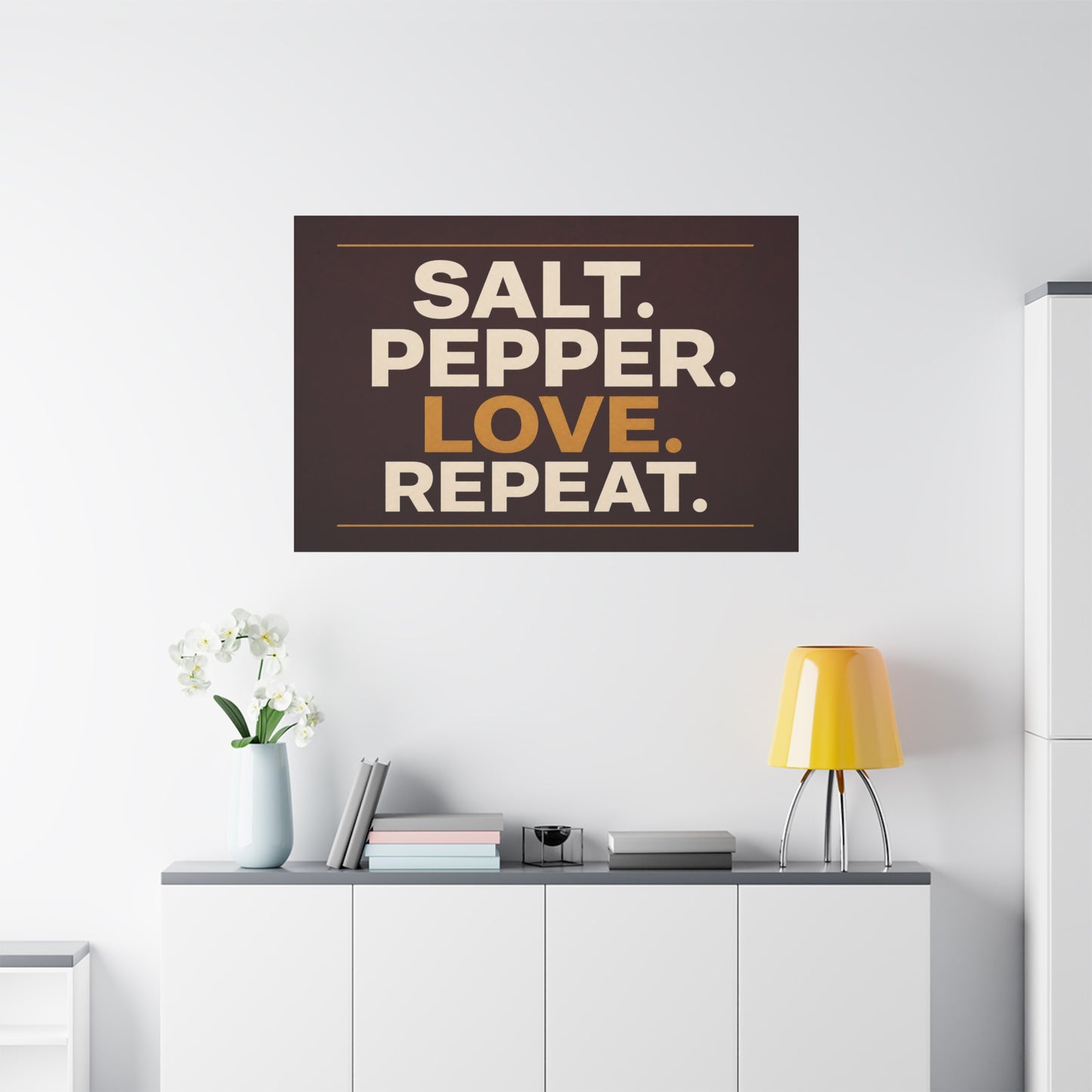 "Salt. Pepper. Love. Repeat." Typography Canvas Wall Art - Kitchen Quote Wall Decor, Modern Farmhouse Home Decoration, Brown And Gold Minimalist Canvas Print For Dining Room - Bedroom Home Decoration