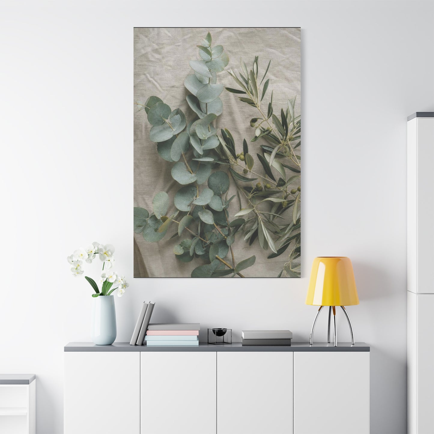 Eucalyptus And Olive Branch Canvas Wall Art - Botanical Still Life, Soft Sage Beige Tones - Matte Cotton Print, Minimalist Traditional Style - Bedroom Decoration, Spa Accent - Living Room Wall Decor