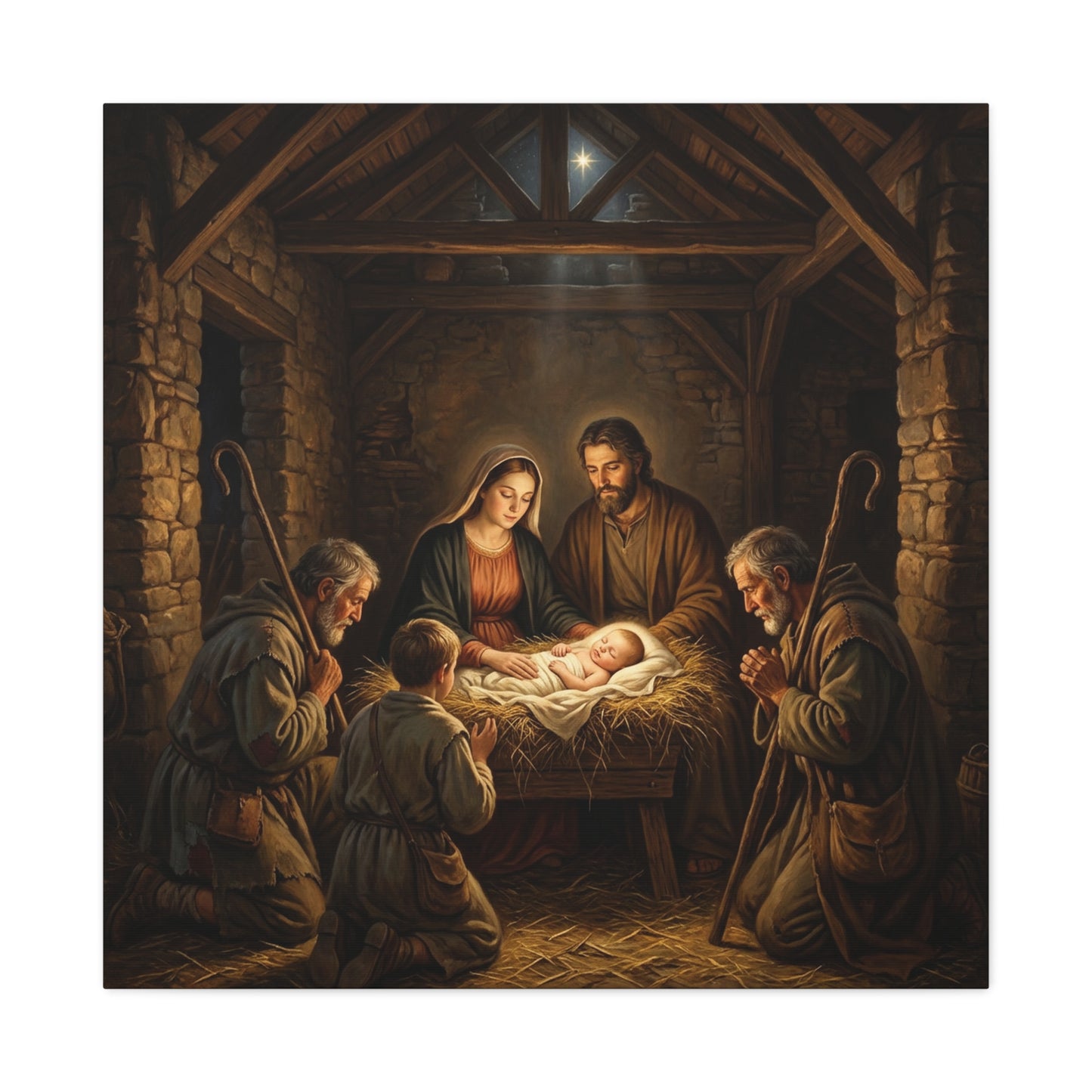 Nativity Scene Canvas Wall Art - Baby Jesus, Virgin Mary, Saint Joseph In Bethlehem Stable - Matte Cotton Print For Living Room Bedroom - Living Room Wall Decor - Bedroom Home Decoration