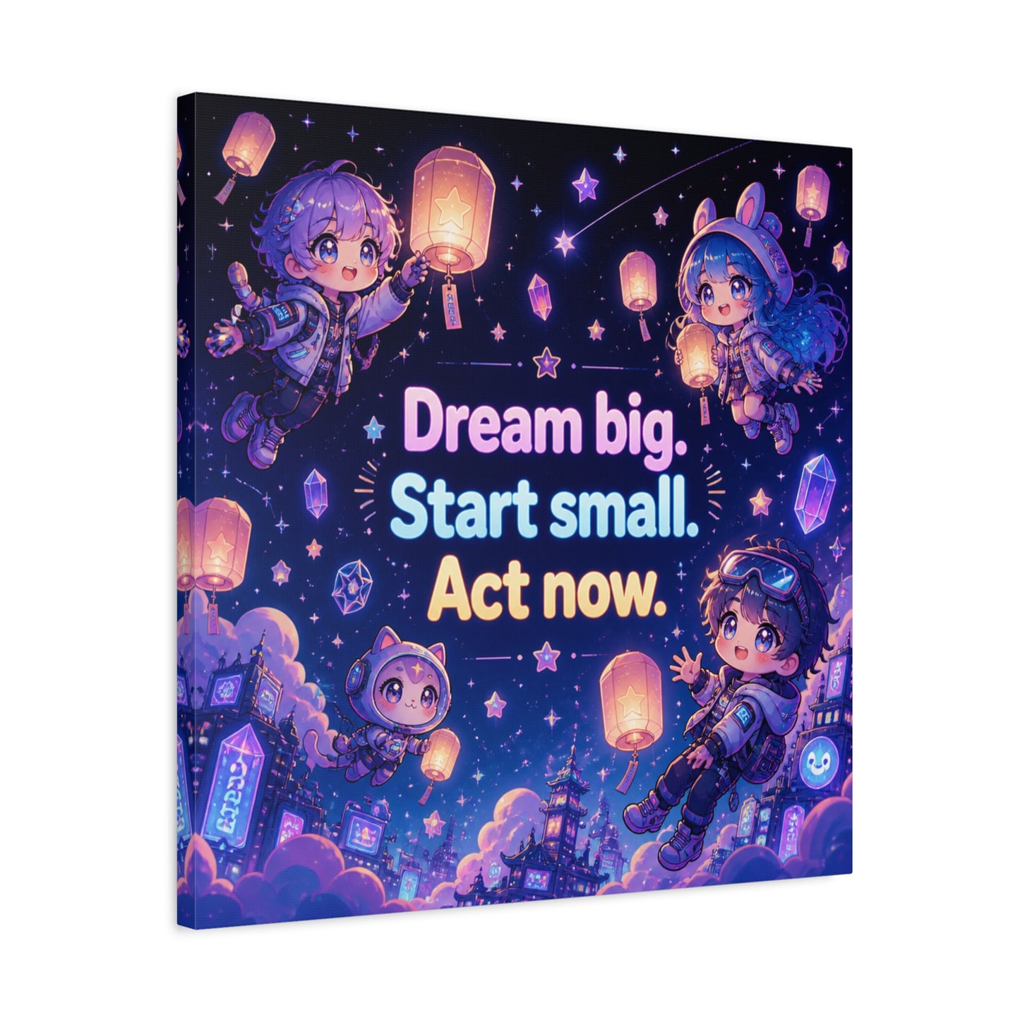 "Dream Big. Start Small. Act Now." Inspirational Canvas Wall Art - Kawaii Space Kids, Star Lantern Night Sky Quote Print - Neon Purple Blue Decor, Bedroom Home Decoration, Teen Room Accent