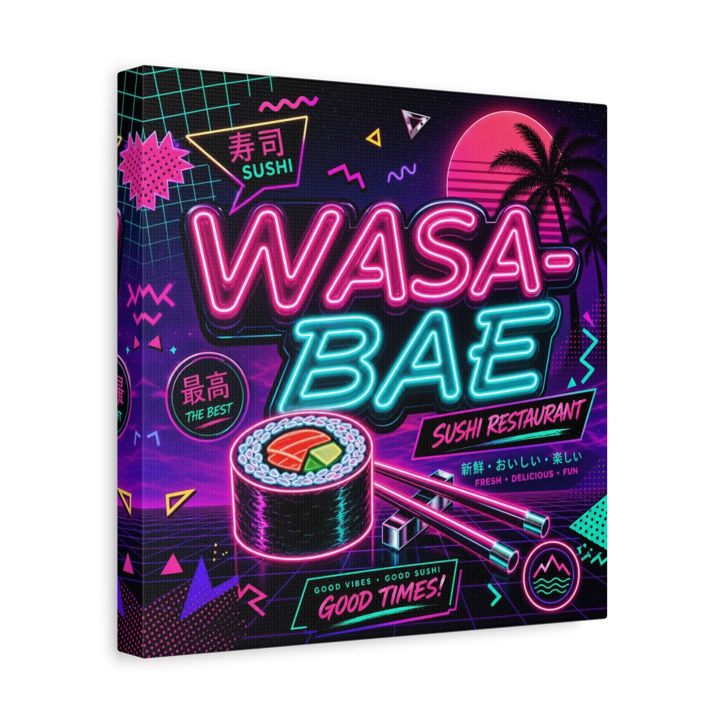 "WASA-BAE" Sushi Canvas Print - Neon Japanese Restaurant Sign, Retro Vaporwave Illustration - Matte Cotton Decor, Cafe Wall Accent, Dining Space Artwork, Lounge Interior Style - Office Wall Art