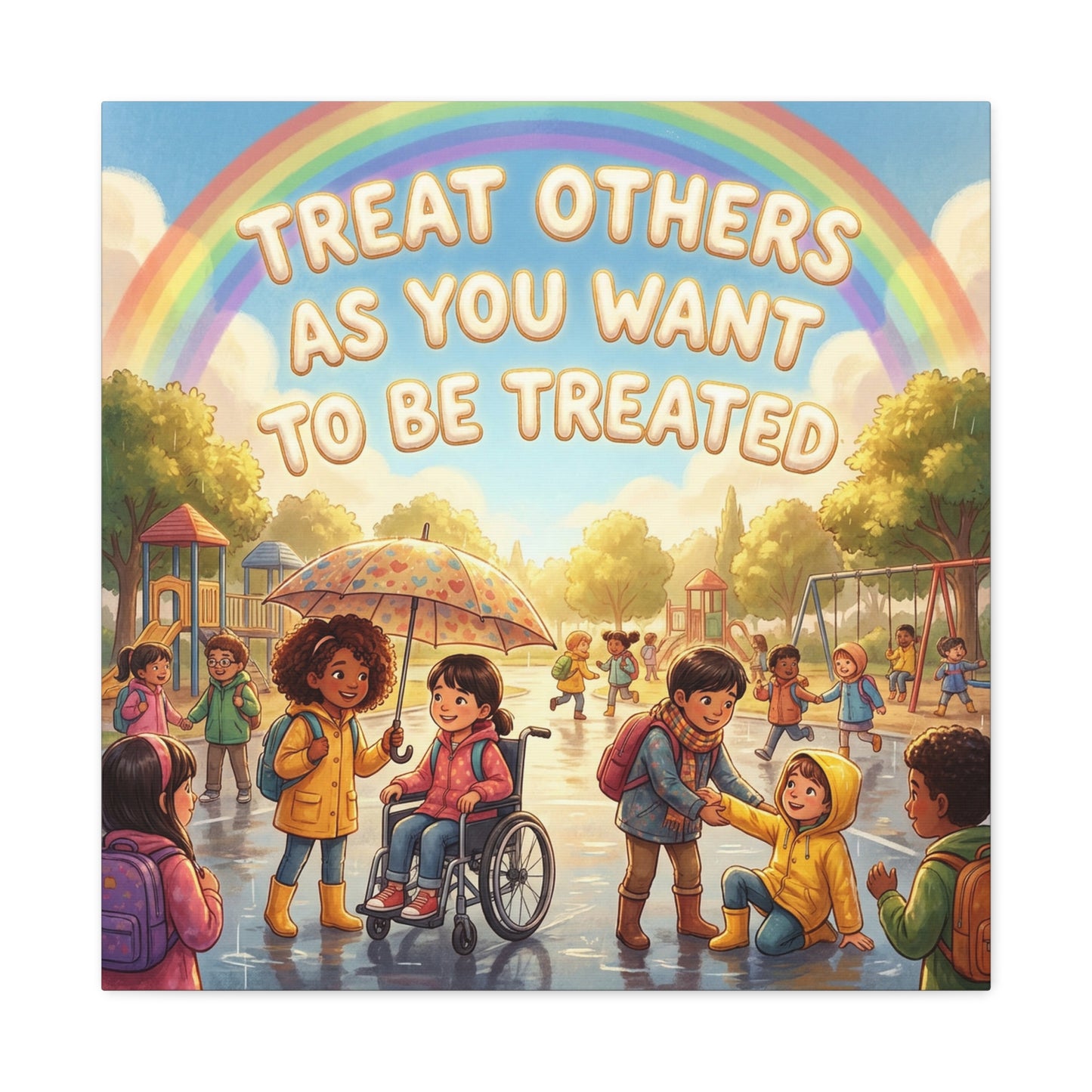 Kindness Quote Canvas Wall Art - Rainbow Playground Children Illustration Print - Inclusive Classroom Decor, Kids Room Wall Hanging, School Counselor Office Poster, Bohemian Nursery Accent