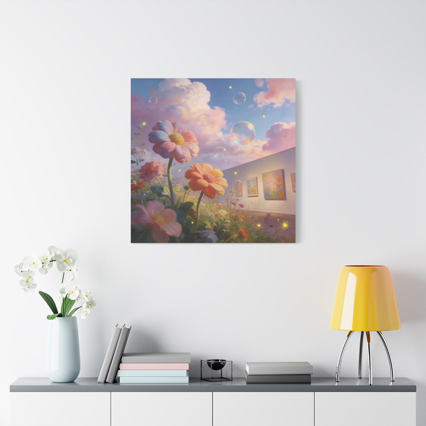 Dreamy Floral Canvas Wall Art - Pastel Wildflower Sky With Iridescent Bubbles, Firefly Glow - Whimsical Matte Canvas Print - Contemporary Bedroom Wall Decor, Living Room Accent - Cozy Reading Nook Art