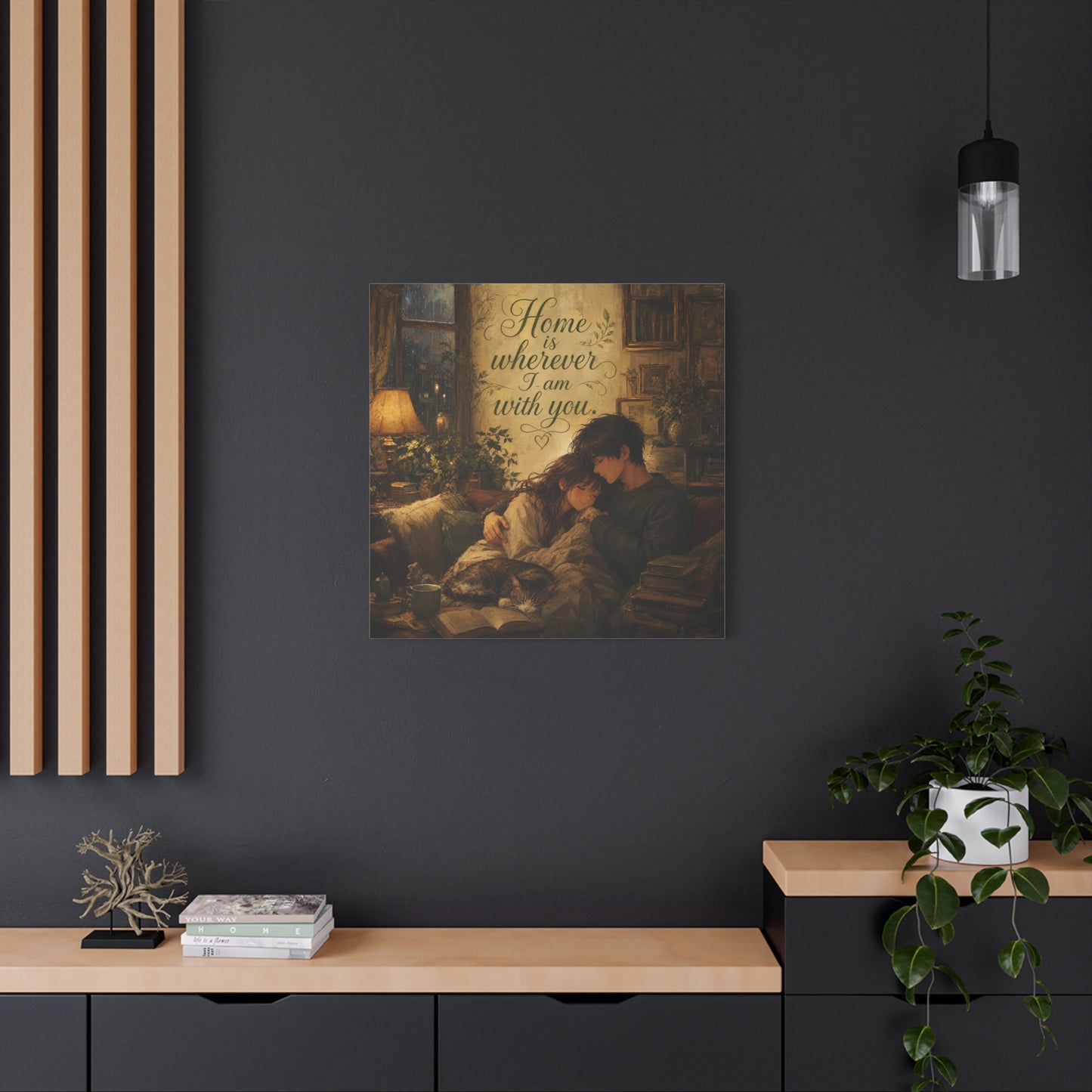 "Home Is Wherever I Am With You." Couple Canvas Wall Art - Romantic Cozy Reading Nook Quote Print - Vintage Warm Lamplight Style - Living Room Wall Decor, Bedroom Home Decoration - Ready to Hang