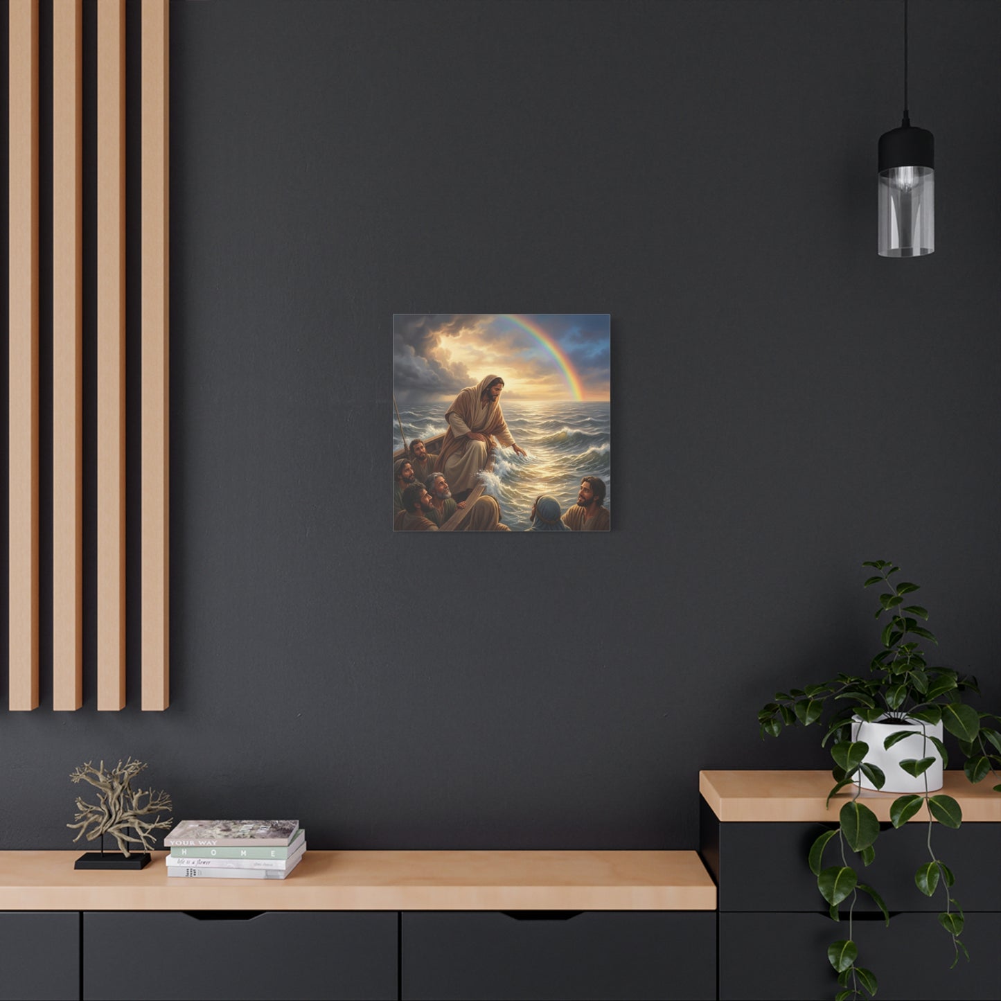 Jesus Christ Walking On Water Canvas Wall Art - Rainbow Over Stormy Sea, Disciples In Boat - Matte Cotton Print - Traditional Religious Style - Living Room Wall Decor - Bedroom Home Decoration