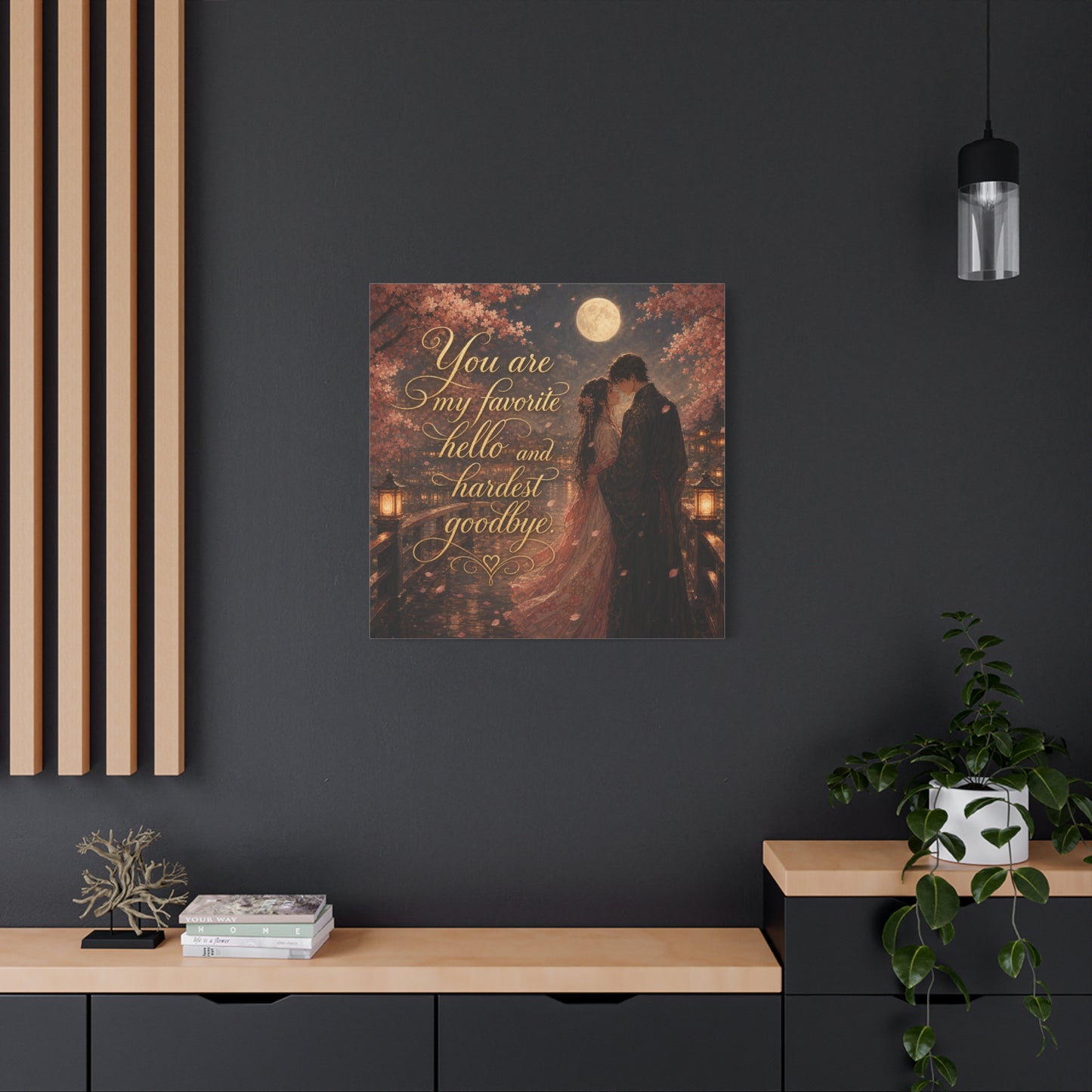"You Are My Favorite Hello And Hardest Goodbye" Romantic Canvas Wall Art - Moonlit Cherry Blossom Couple, Gold Script Quote Print - Traditional Love Decor, Bedroom Wall Hanging - Cozy Reading Nook Art