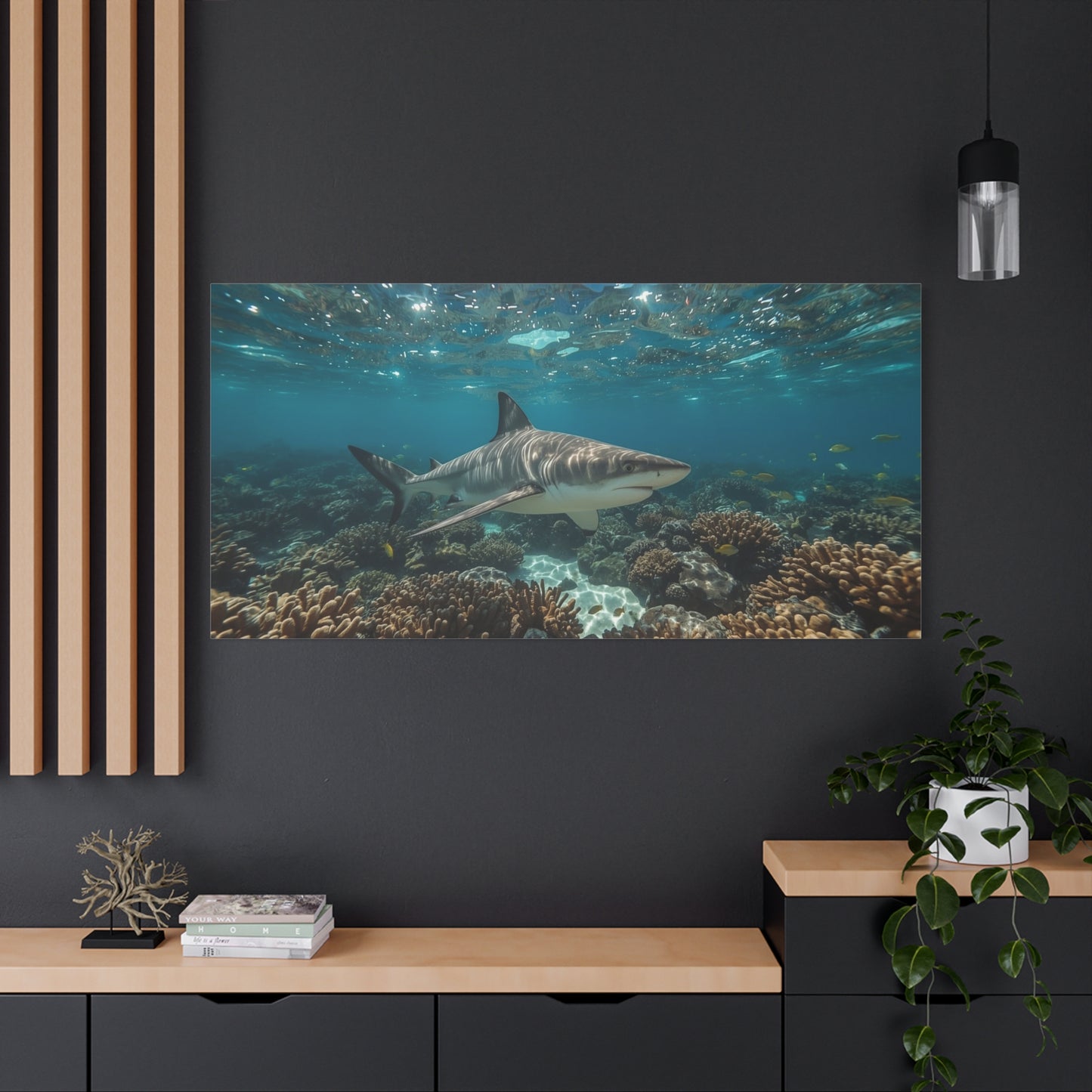Tiger Shark Canvas Wall Art - Underwater Coral Reef Ocean Art Print, Blue Coastal Wall Decor - Matte Canvas Seascape - Living Room Home Decoration, Office Art - Bedroom Home Decoration