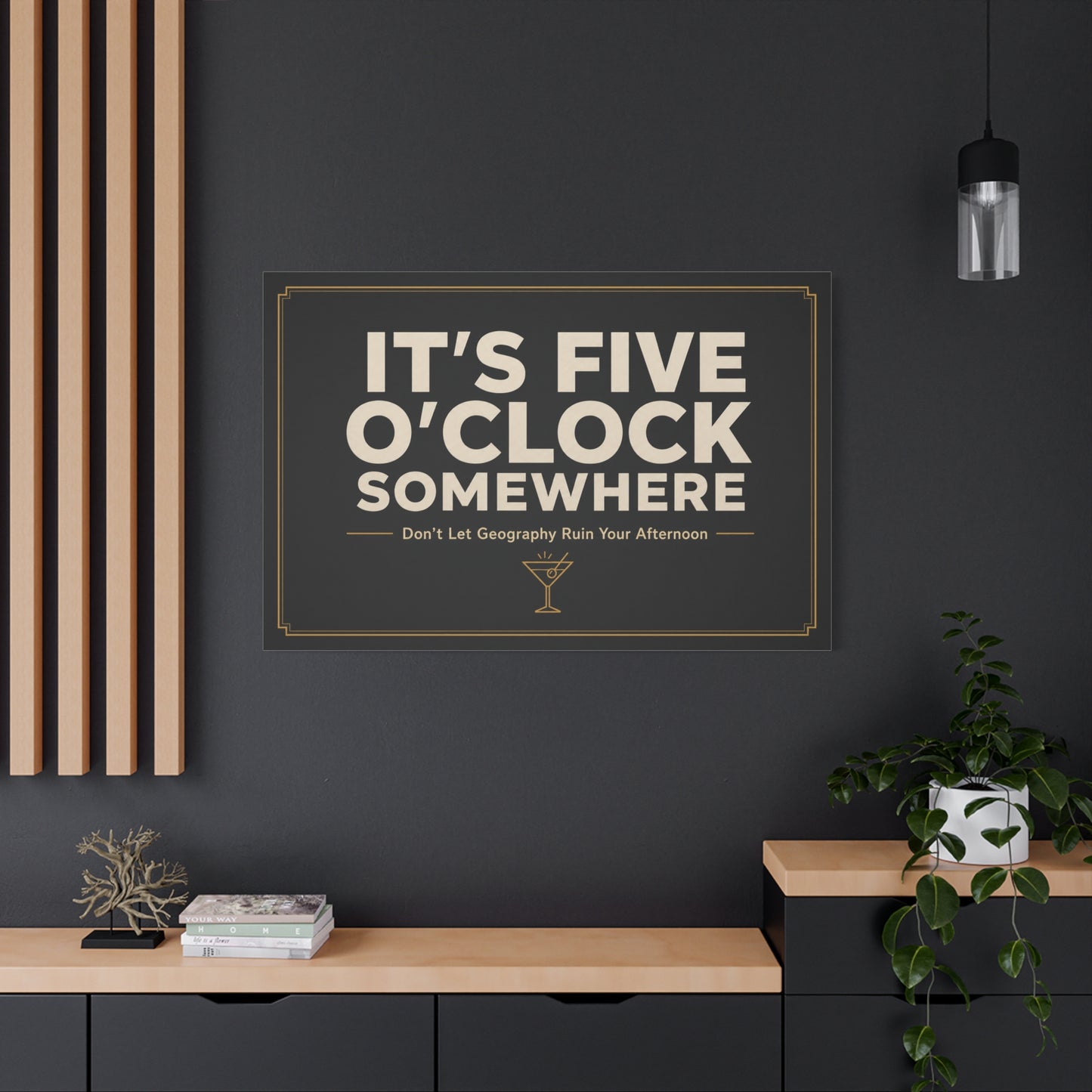 "It's Five O'Clock Somewhere" Typography Canvas Wall Art - Funny Cocktail Quote Decor, Black And Gold Minimalist Bar Cart Lounge Accent - Ready to Hang - Pub Wall Art - Cocktail Lounge Decor