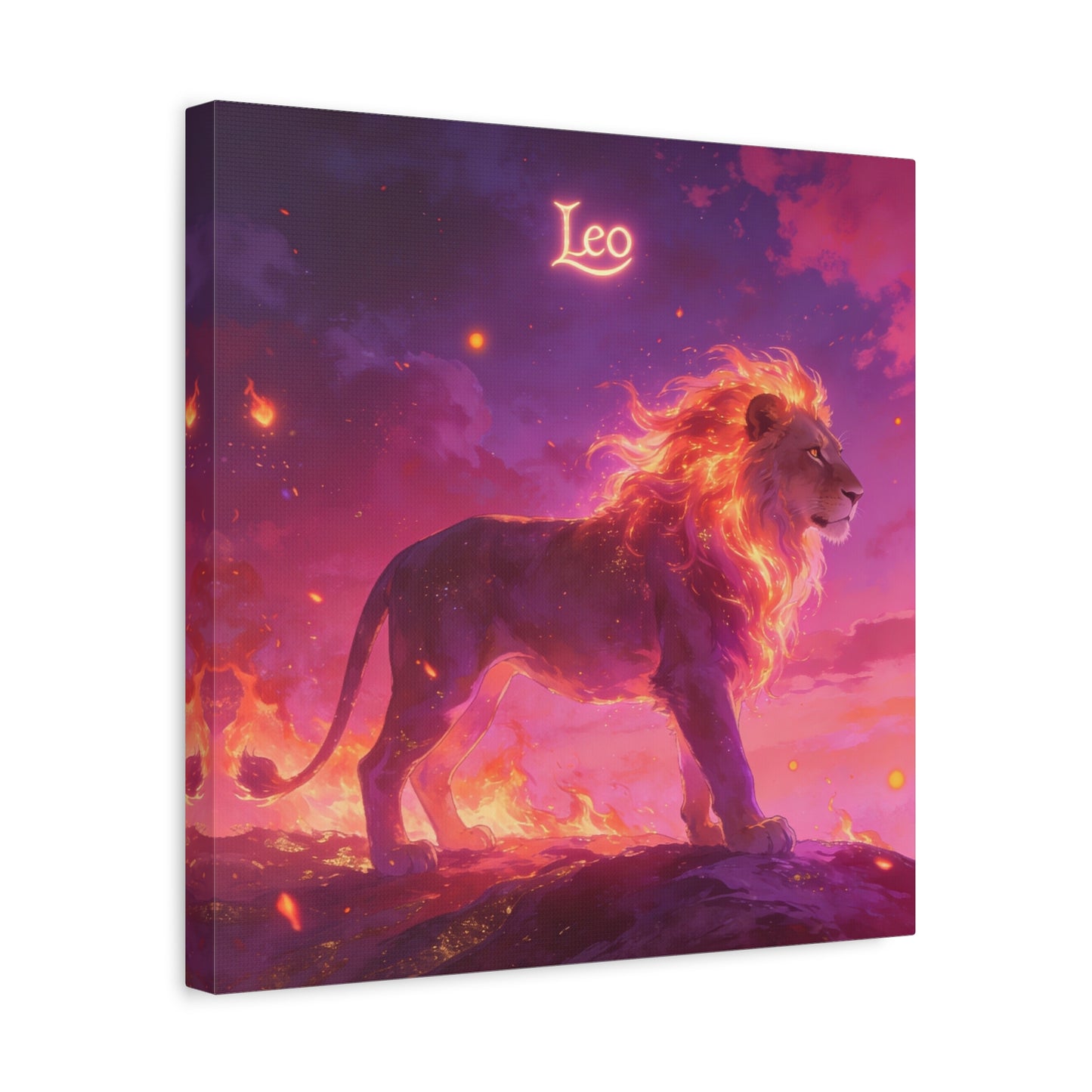 "Leo" Lion Canvas Wall Art - Fiery Zodiac Illustration, Purple Pink Sky, Matte Finish Canvas Print - Modern Astrology Decor, Bedroom Home Decoration, Office Wall Art Accent - Bedroom Home Decoration
