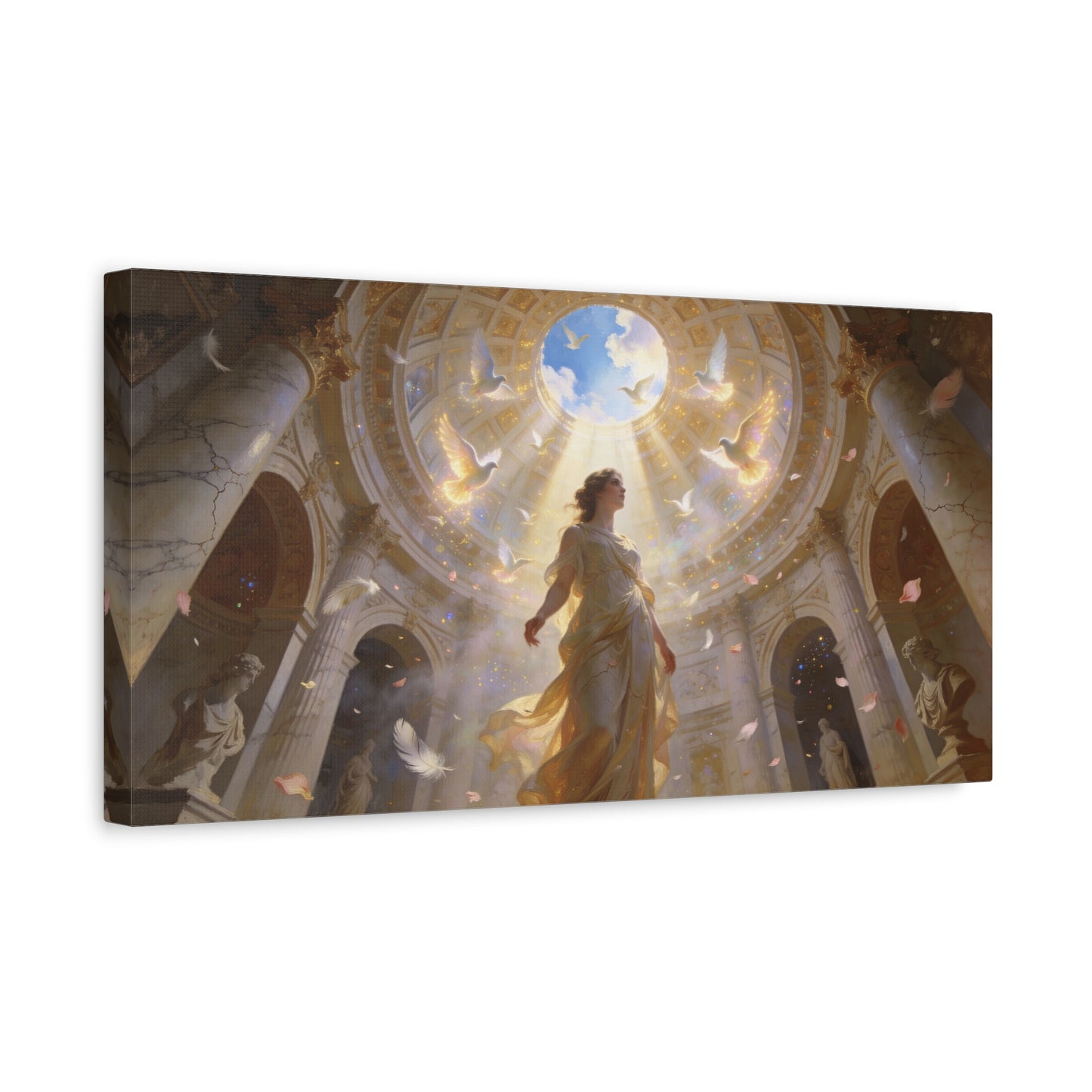 Virgin Mary Canvas Wall Art - Heavenly Doves, Cathedral Dome Light - Matte Cotton Art Print - Traditional Religious Style - Bedroom Wall Decor, Meditation Space Accent - Bedroom Home Decoration