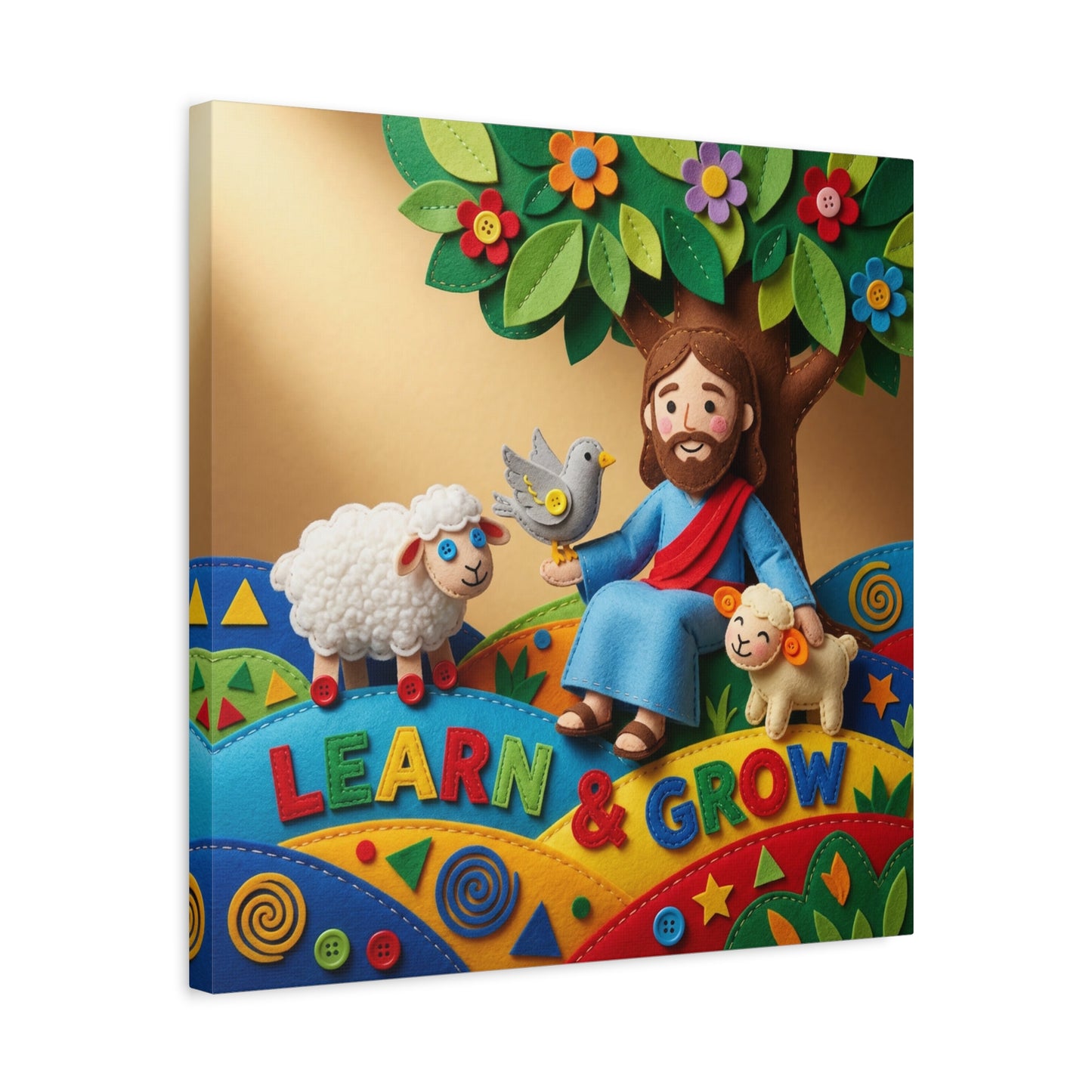 "Learn & Grow" Jesus Canvas Wall Art - Christian Nursery Decor, Lamb And Dove Under Tree - Colorful Felt Style Canvas Print - Kids Room Wall Hanging, Classroom Decoration - Ready to Hang