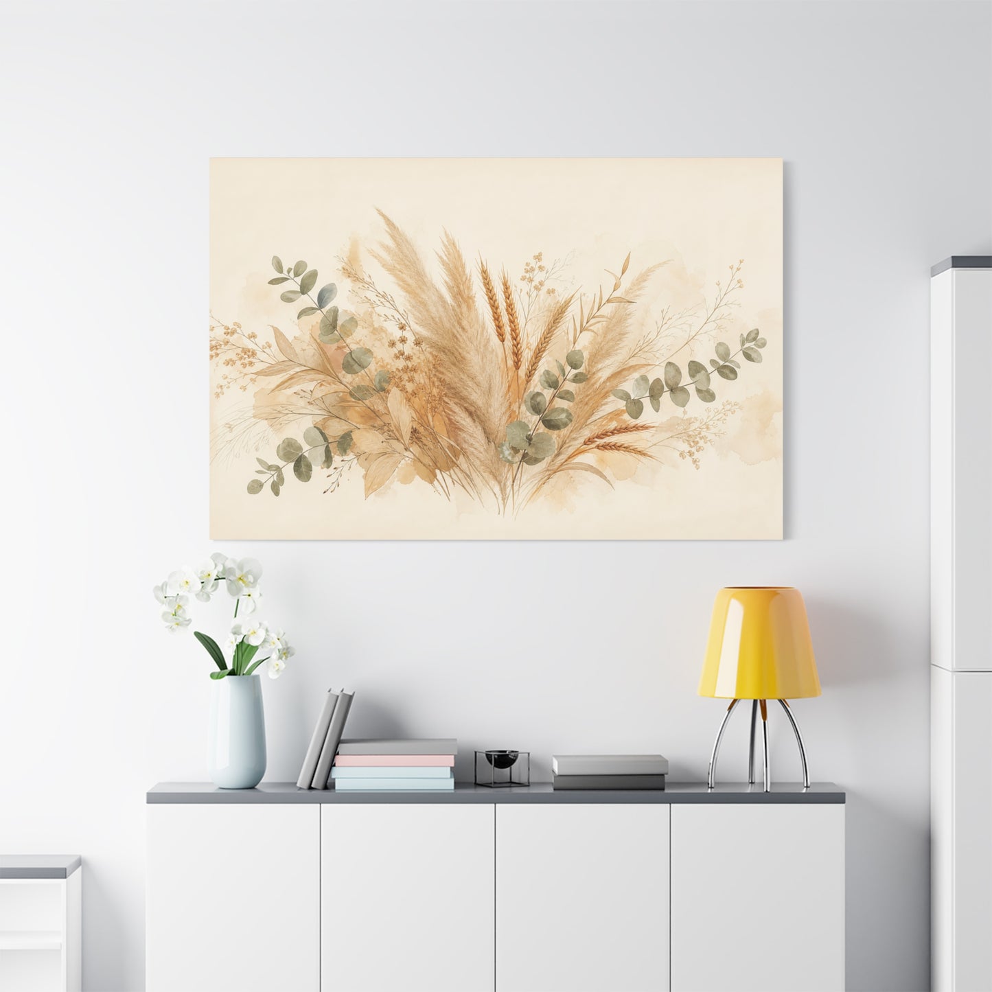 Neutral Botanical Canvas Wall Art - Pampas Grass, Wheat Stems, Eucalyptus Print - Soft Beige Sage Floral Composition - Modern Farmhouse Style - Living Room Wall Decor, Bedroom Home Decoration