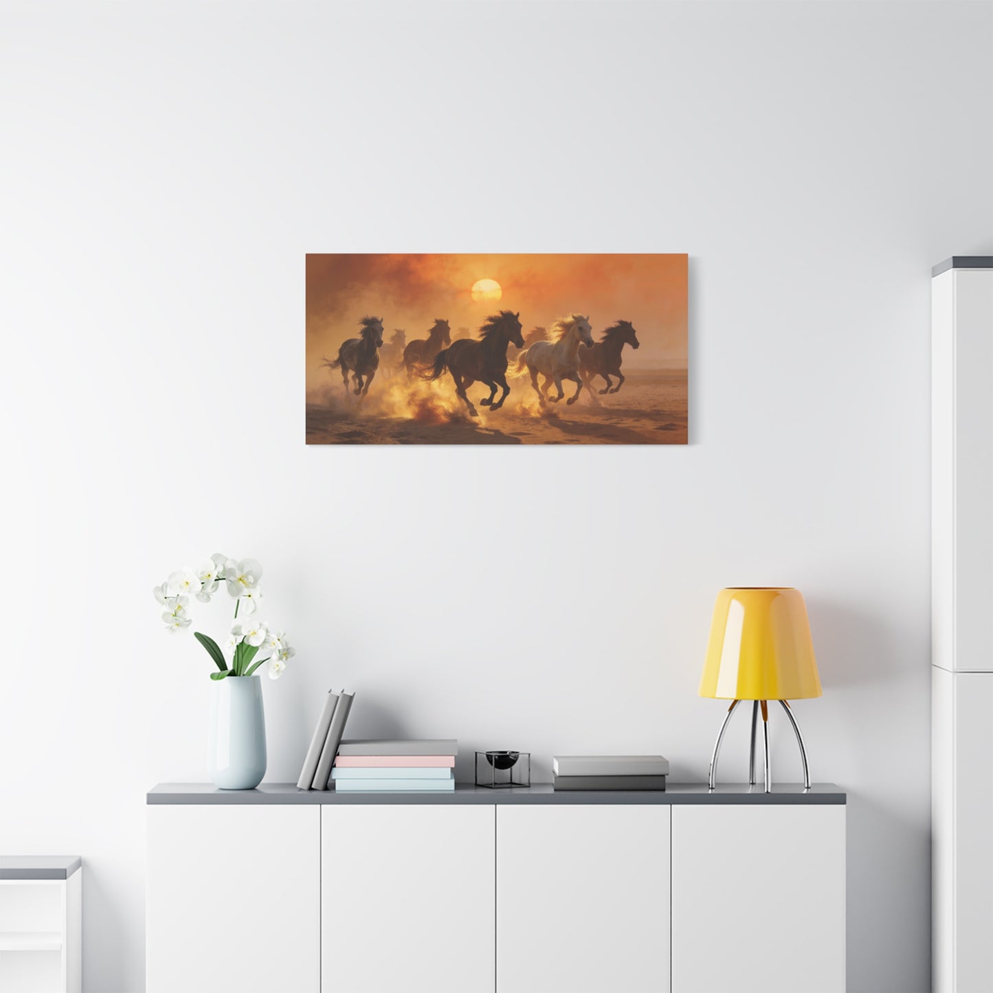 Running Horses Canvas Wall Art - Sunset Desert Herd, Golden Dust Motion - Matte Cotton Print, Contemporary Western Style - Living Room Wall Decor, Bedroom Home Decoration - Bedroom Home Decoration