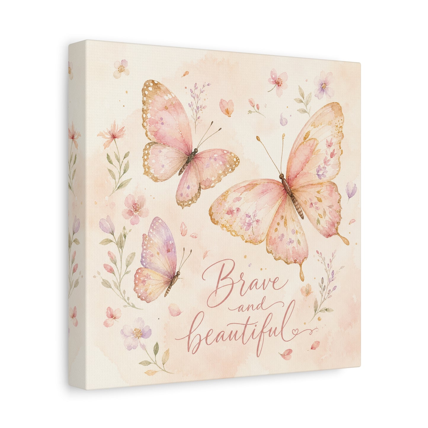 "Brave And Beautiful" Butterfly Canvas Wall Art - Pink Floral Watercolor Quote Print - Inspirational Girls Bedroom Decor - Nursery Wall Hanging - Bedroom Home Decoration - Modern Farmhouse Style