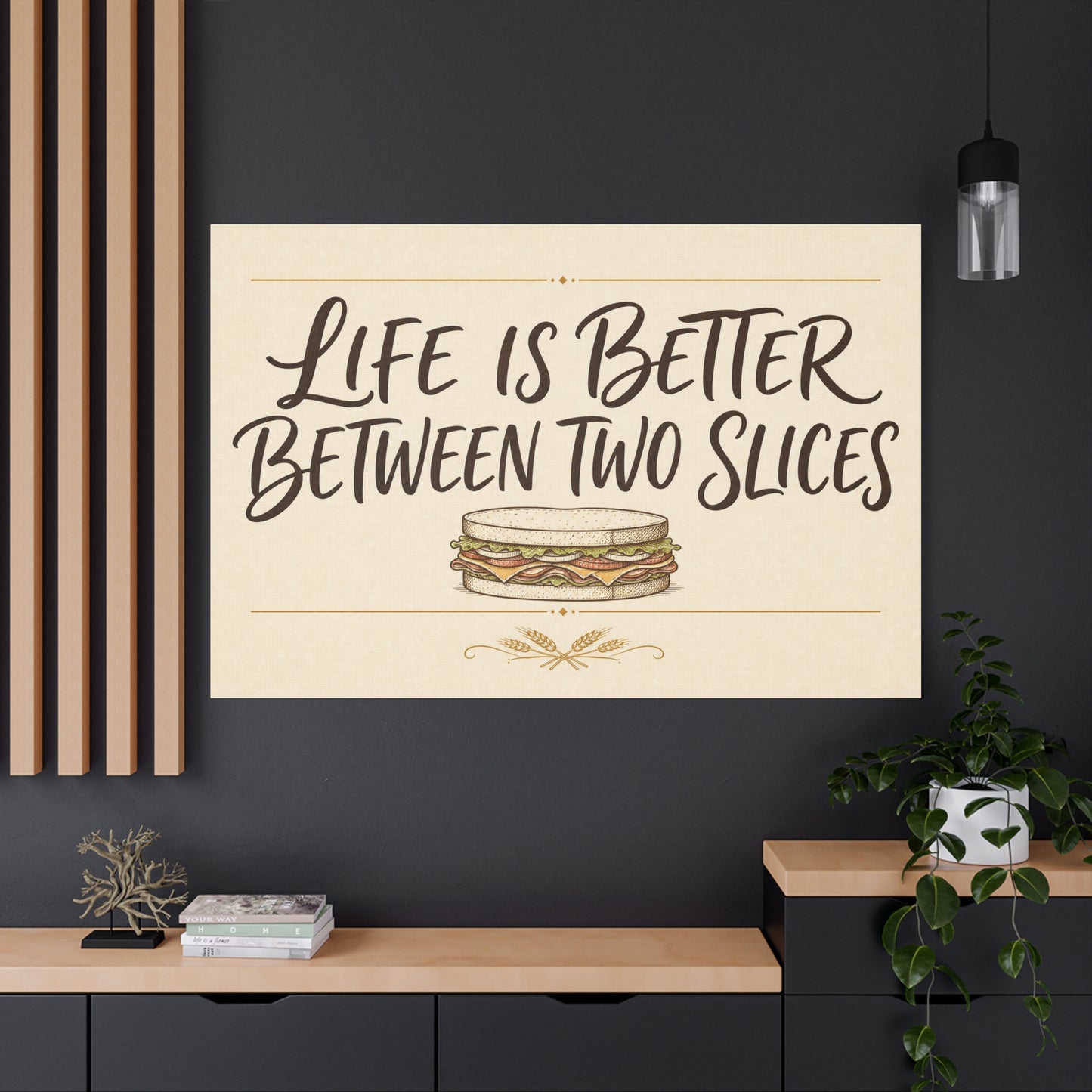 "Life Is Better Between Two Slices" Sandwich Canvas Wall Art - Funny Quote Print, Vintage Farmhouse Style, Beige Food Illustration - Ready to Hang - Ready to Hang - Deli Wall Decor - Diner Decor