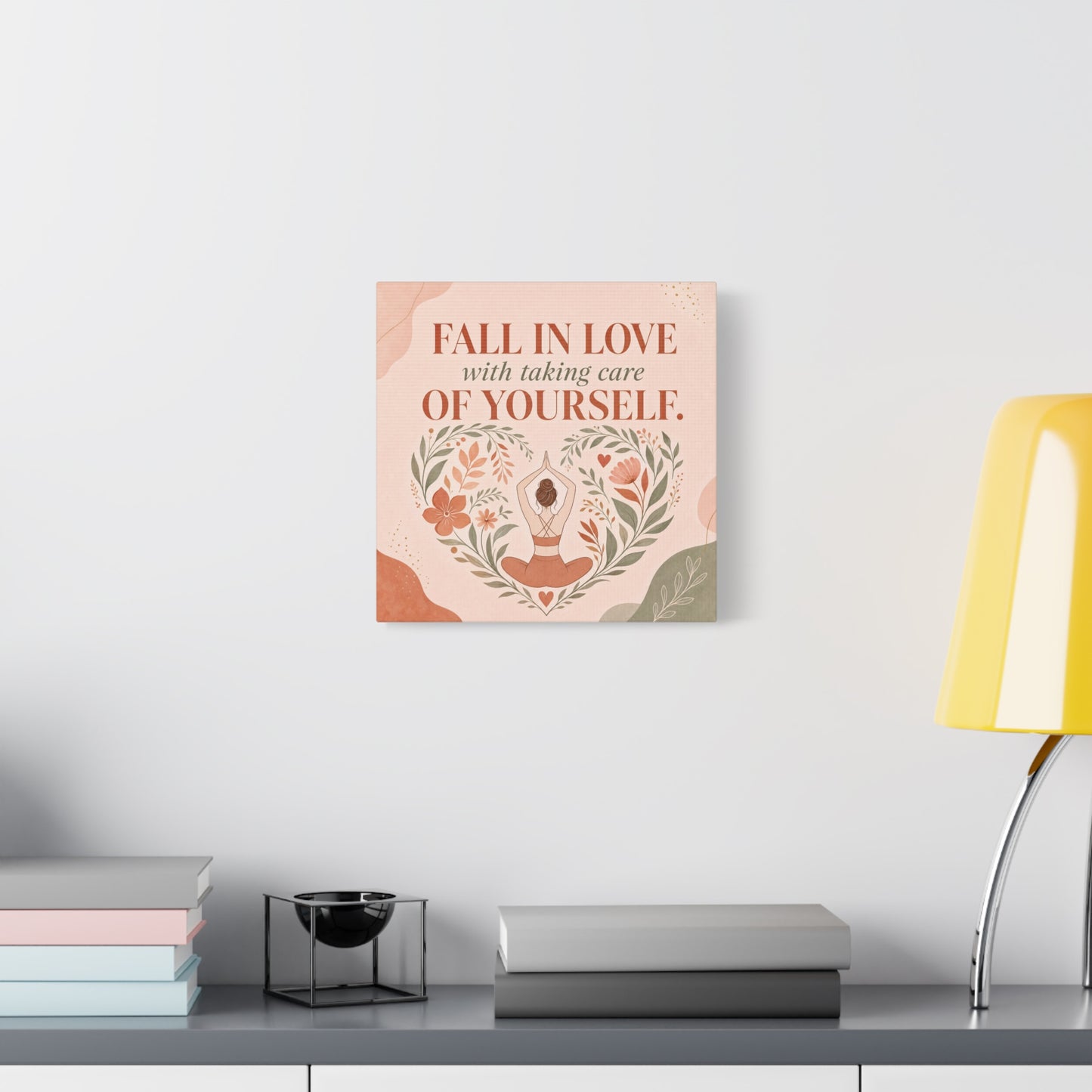 "Fall In Love With Taking Care Of Yourself." Inspirational Canvas Wall Art - Yoga Woman Floral Quote Print - Bohemian Modern Sage Blush Decor - Living Room Wall Decor - Bedroom Home Decoration