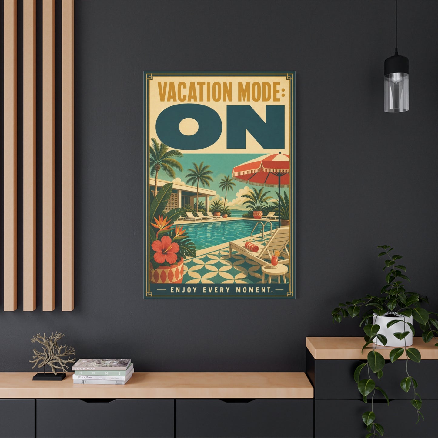 "Vacation Mode: On" Tropical Poolside Canvas Wall Art - Retro Resort Poster Print, Palm Tree Coastal Decor, Vintage Travel Style, Living Room Wall Decor, Vacation Rental Decoration - Ready to Hang