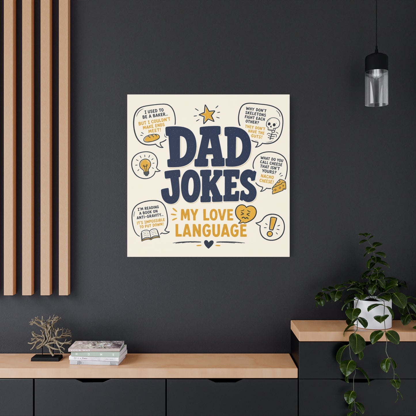 "Dad Jokes My Love Language" Funny Quote Canvas Wall Art - Pun Typography Print, Retro Humor Decor, Home Office Wall Decor, Man Cave Decoration, Novelty Room Accent - Ready to Hang - Ready to Hang