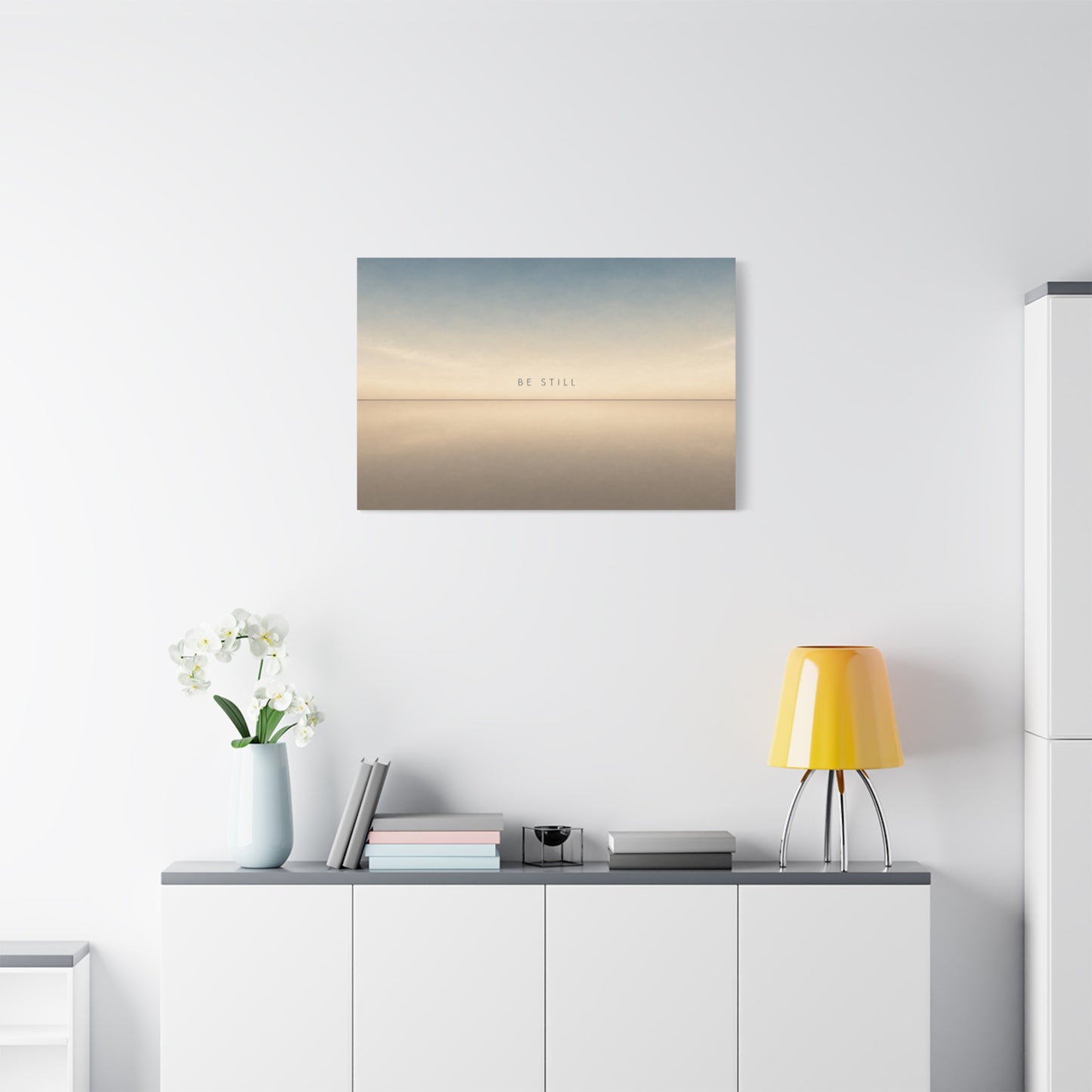 "Be Still" Minimalist Canvas Wall Art - Serene Horizon Typography Print, Neutral Blue Beige Coastal Style - Bedroom Wall Decor, Meditation Space Home Decoration - Ready to Hang - Cozy Reading Nook Art