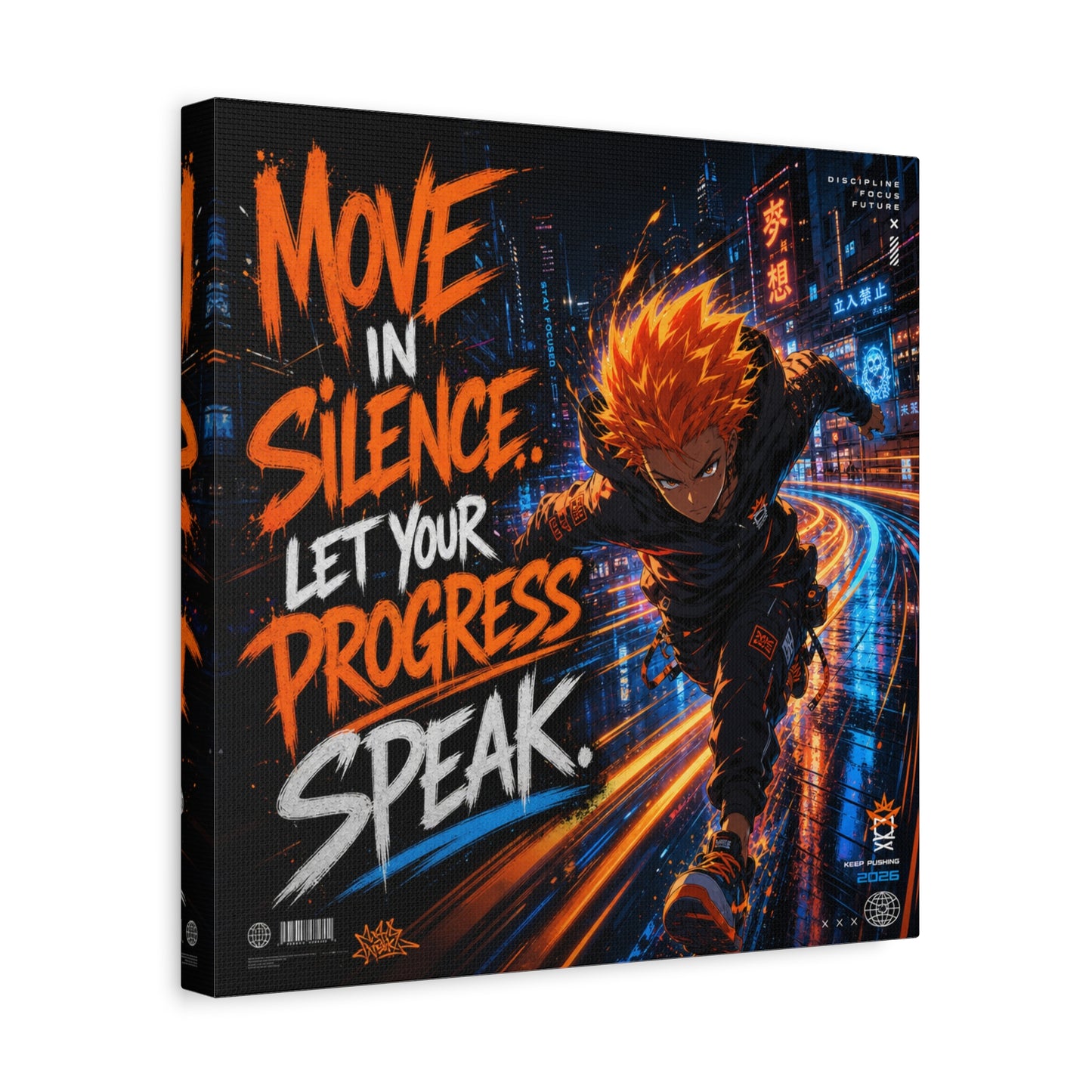 "Move In Silence Let Your Progress Speak" Anime Canvas Wall Art - Cyberpunk Runner Motivational Quote Print, Neon City Street Illustration - Teen Bedroom Decor, Home Office Accent - Office Wall Art