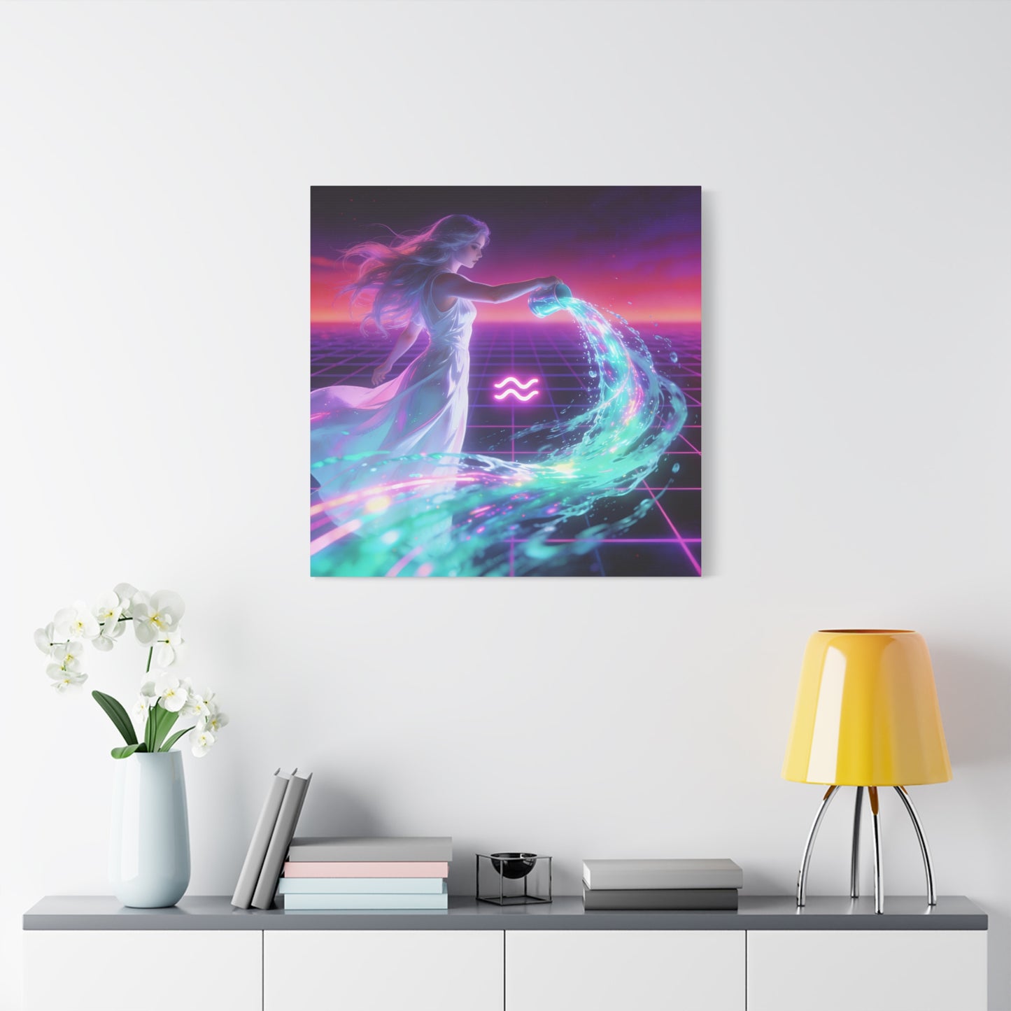 Aquarius Woman Canvas Wall Art - Neon Water Bearer Zodiac Illustration, Retro Synthwave Aesthetic - Matte Canvas Print - Bedroom Wall Decor, Home Office Accent, Mystical Decor - Modern Farmhouse Style