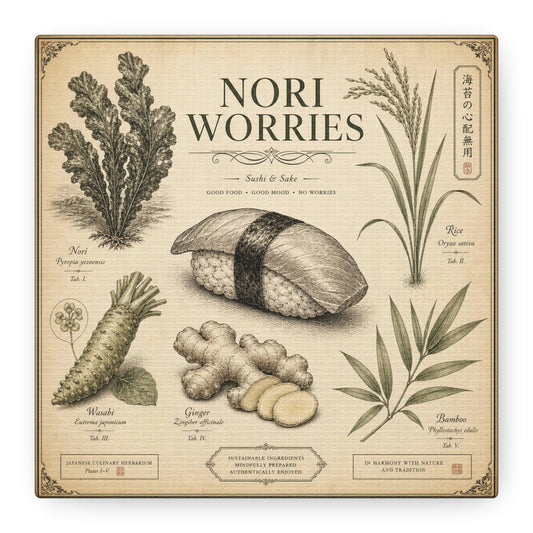 "Nori Worries" Sushi And Sake Canvas Wall Art - Vintage Japanese Culinary Herbarium Print, Rice Nori Wasabi Ginger Bamboo Illustration - Kitchen Wall Decor, Dining Room Accent - Modern Farmhouse Style
