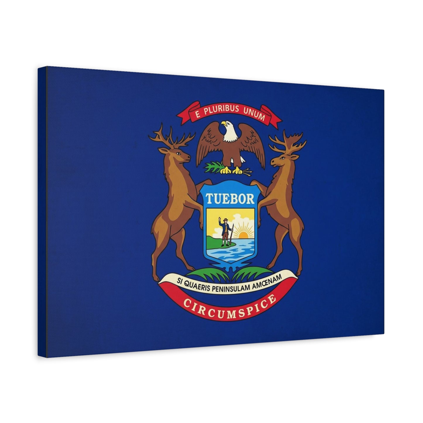 "E Pluribus Unum" Michigan State Flag Canvas Wall Art - Blue Crest With Elk Eagle And "Tuebor" - Vintage Heraldic Decor, Living Room Wall Decor, Office Art - Bedroom Home Decoration - Ready to Hang
