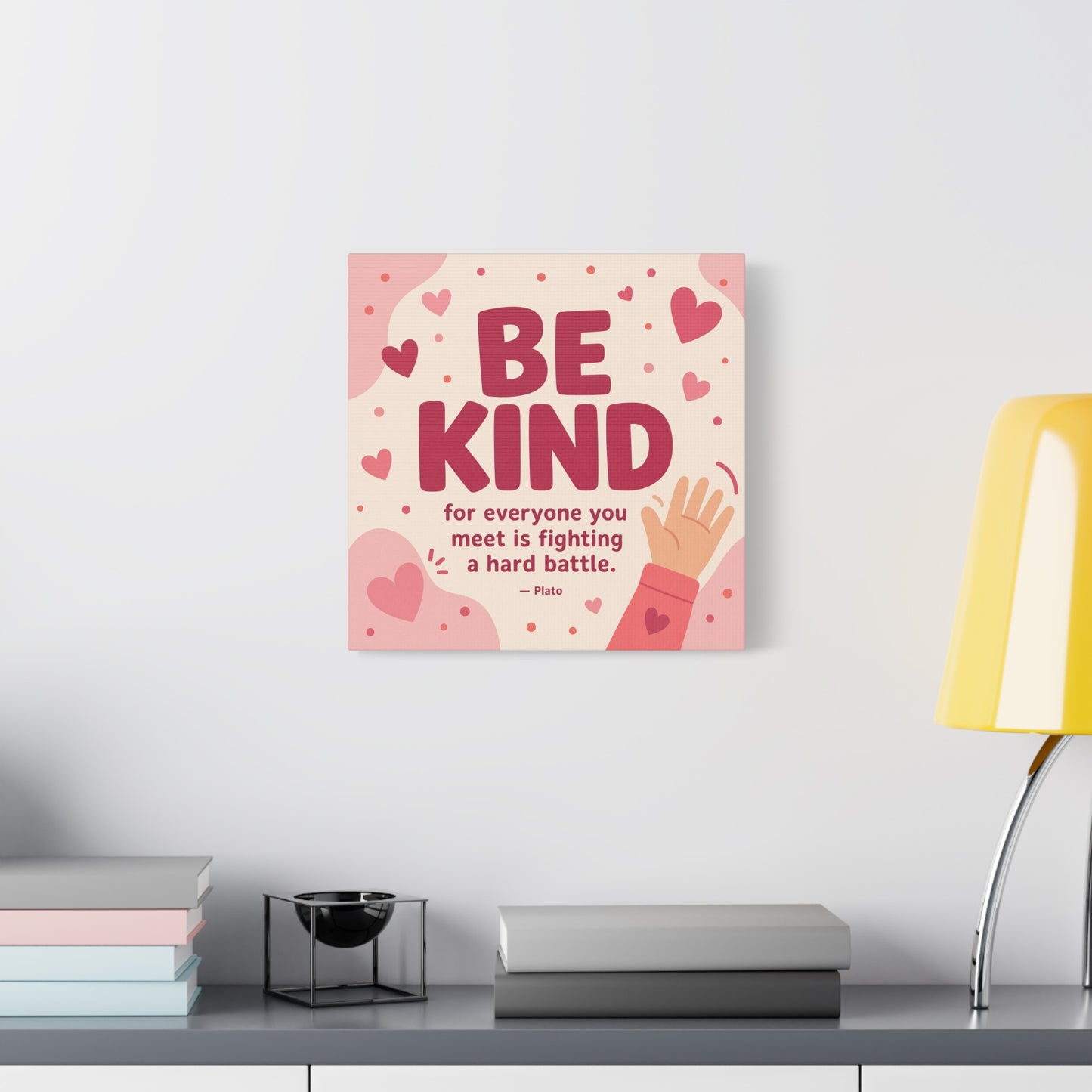 "Be Kind For Everyone You Meet Is Fighting A Hard Battle. - Plato" Canvas Wall Art - Pink Heart Typography Print - Inspirational Bedroom Decor - Modern Nursery Wall Hanging - Bedroom Home Decoration