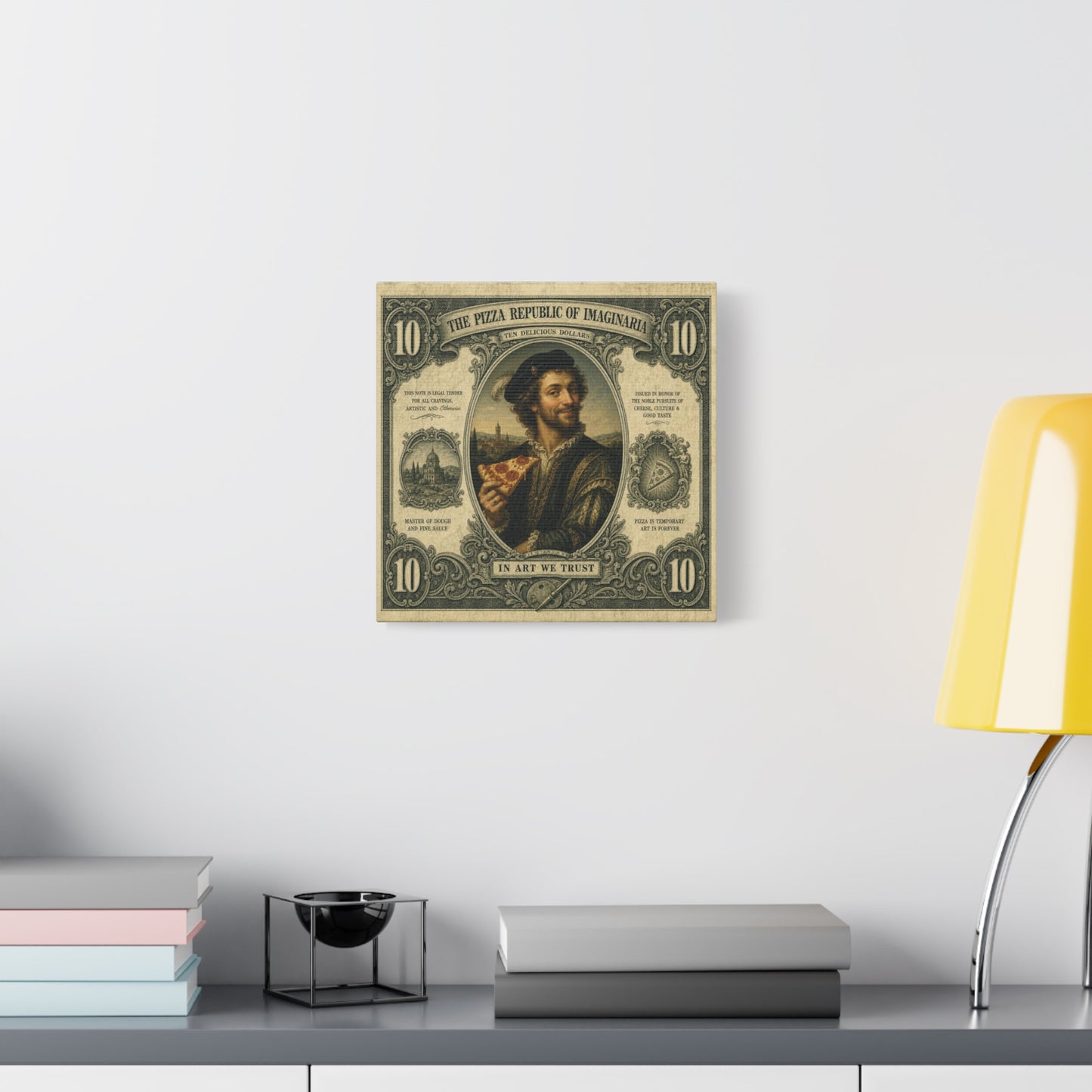 "The Pizza Republic Of Imaginaria" Canvas Wall Art - Vintage Typography Portrait Print, Renaissance Pizza Note Design, Eclectic Office Wall Decor, Cafe Wall Art, Humor Canvas - Reception Area Decor