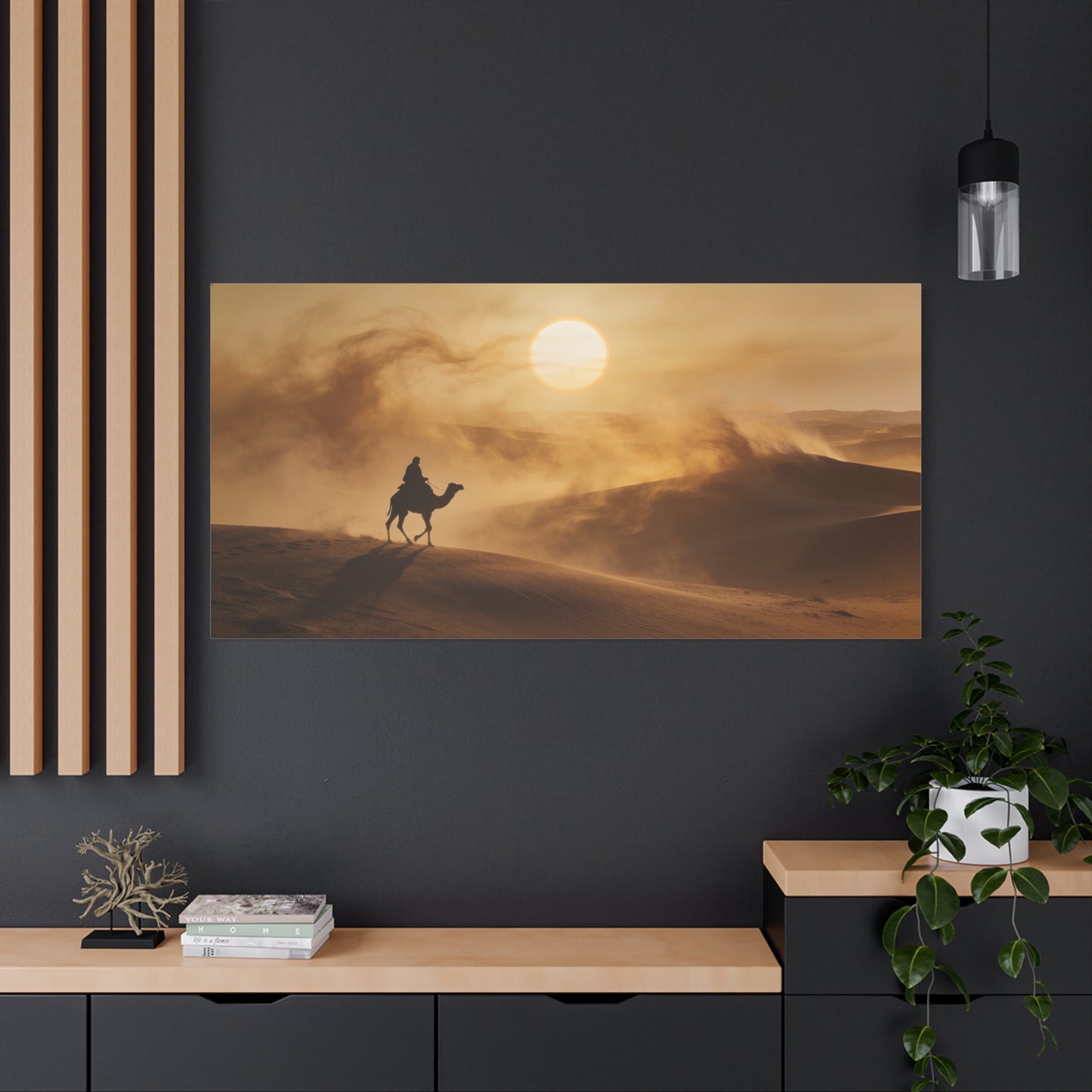 Desert Camel Rider Canvas Wall Art - Golden Sun Sand Dunes Landscape Print - Matte Cotton Artwork, Contemporary Style - Living Room Wall Decor, Bedroom Home Decoration - Bedroom Home Decoration