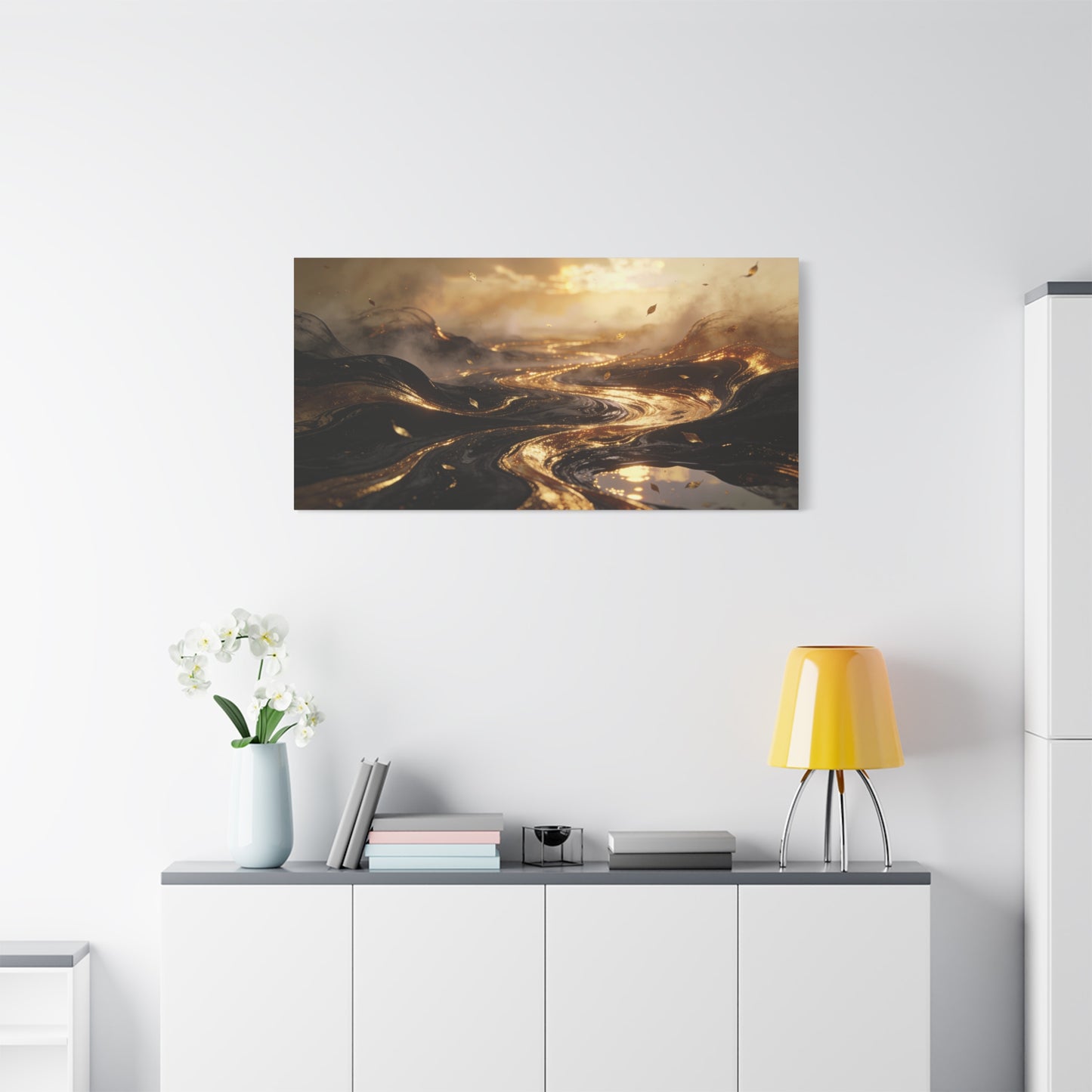 Abstract Gold River Canvas Wall Art - Luminous Flowing Landscape, capiz shells wall decor - Matte Cotton Print, Contemporary Style - Living Room Wall Decor, Bedroom Home Decoration - Ready to Hang
