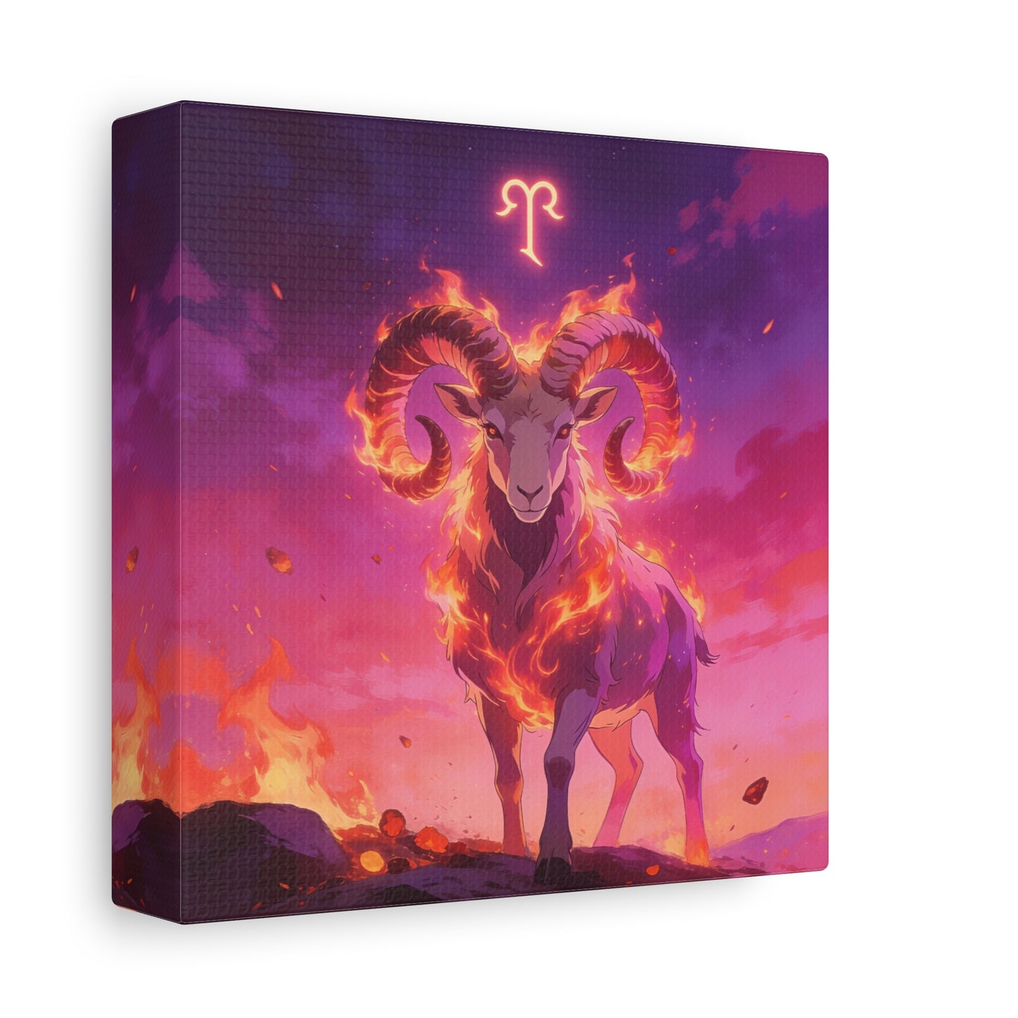 Aries Ram Canvas Wall Art - Fiery Zodiac Illustration, Purple Pink Flame Sky, Matte Canvas Print, Modern Fantasy Style, Bedroom Wall Decor, Home Office Accent, Statement Piece For Astrology Lovers