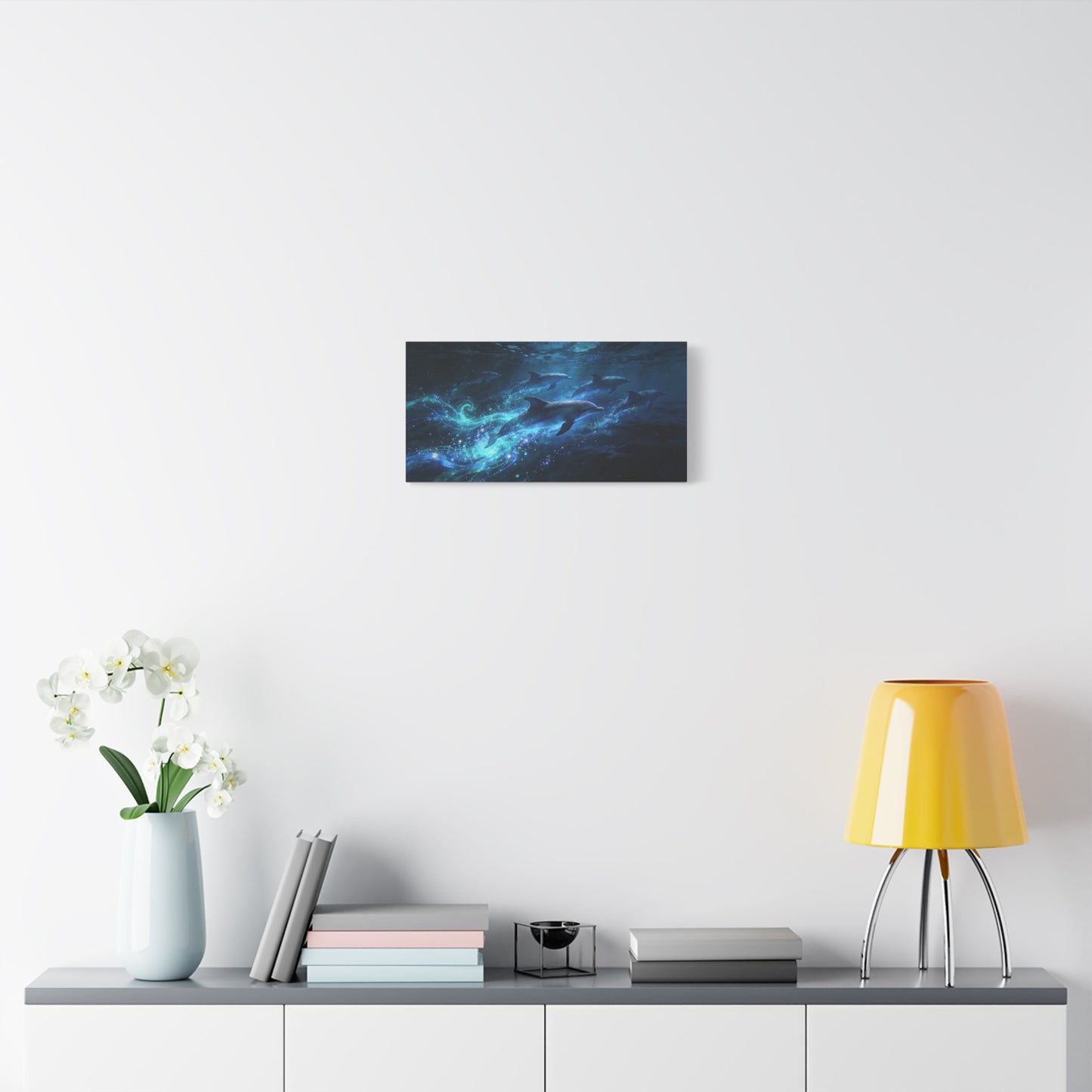 Dolphin Pod Canvas Wall Art - Glowing Underwater Ocean Scene, Blue Fantasy Marine Print - Matte Cotton Artwork - Coastal Style Living Room Wall Decor, Bedroom Home Decoration - Bedroom Home Decoration
