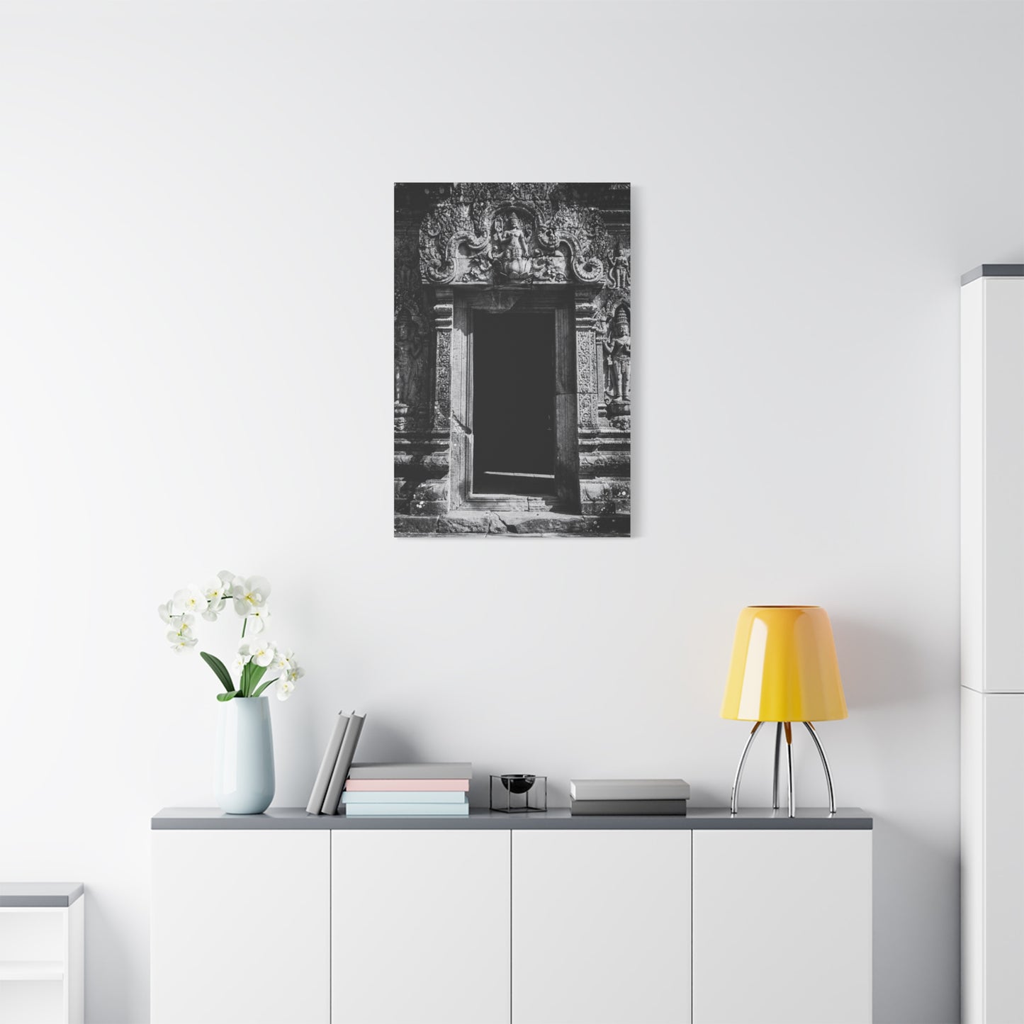 Buddhist Temple Doorway Canvas Wall Art - Black And White Stone Carving, Religious Architecture Print, Traditional Monochrome Decor - Living Room Wall Decor, Office Art - Bedroom Home Decoration