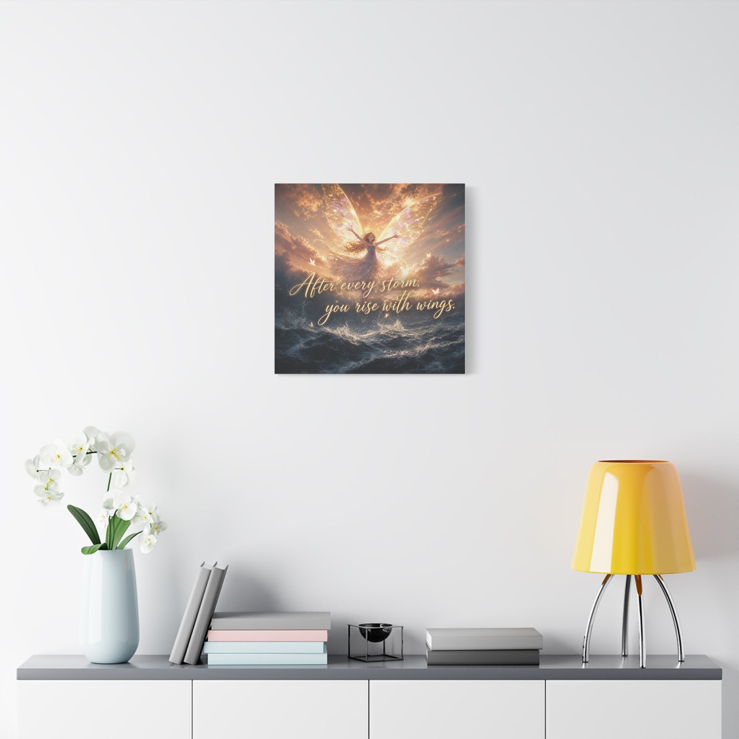 "After Every Storm, You Rise With Wings." Fairy Canvas Wall Art - Inspirational Ocean Sky Quote Print - Golden Ethereal Fantasy Decor - Bedroom Wall Hanging, Living Room Accent - Ready to Hang