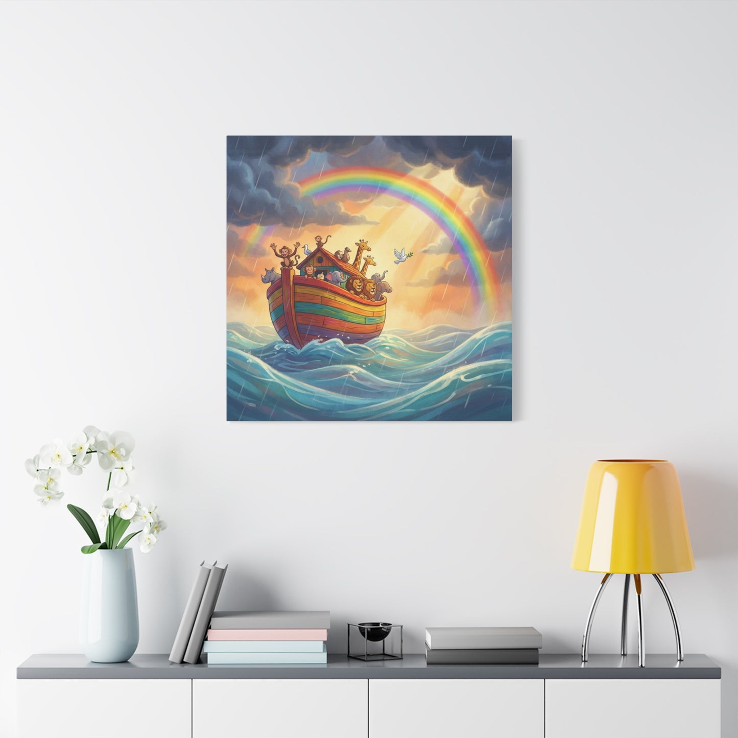 Noahs Ark Canvas Wall Art - Rainbow Animal Boat Nursery Decor - Cotton Canvas Print, Kids Bedroom Home Decoration, Playroom Wall Hanging, Biblical Story Illustration, Classroom Accent - Ready to Hang